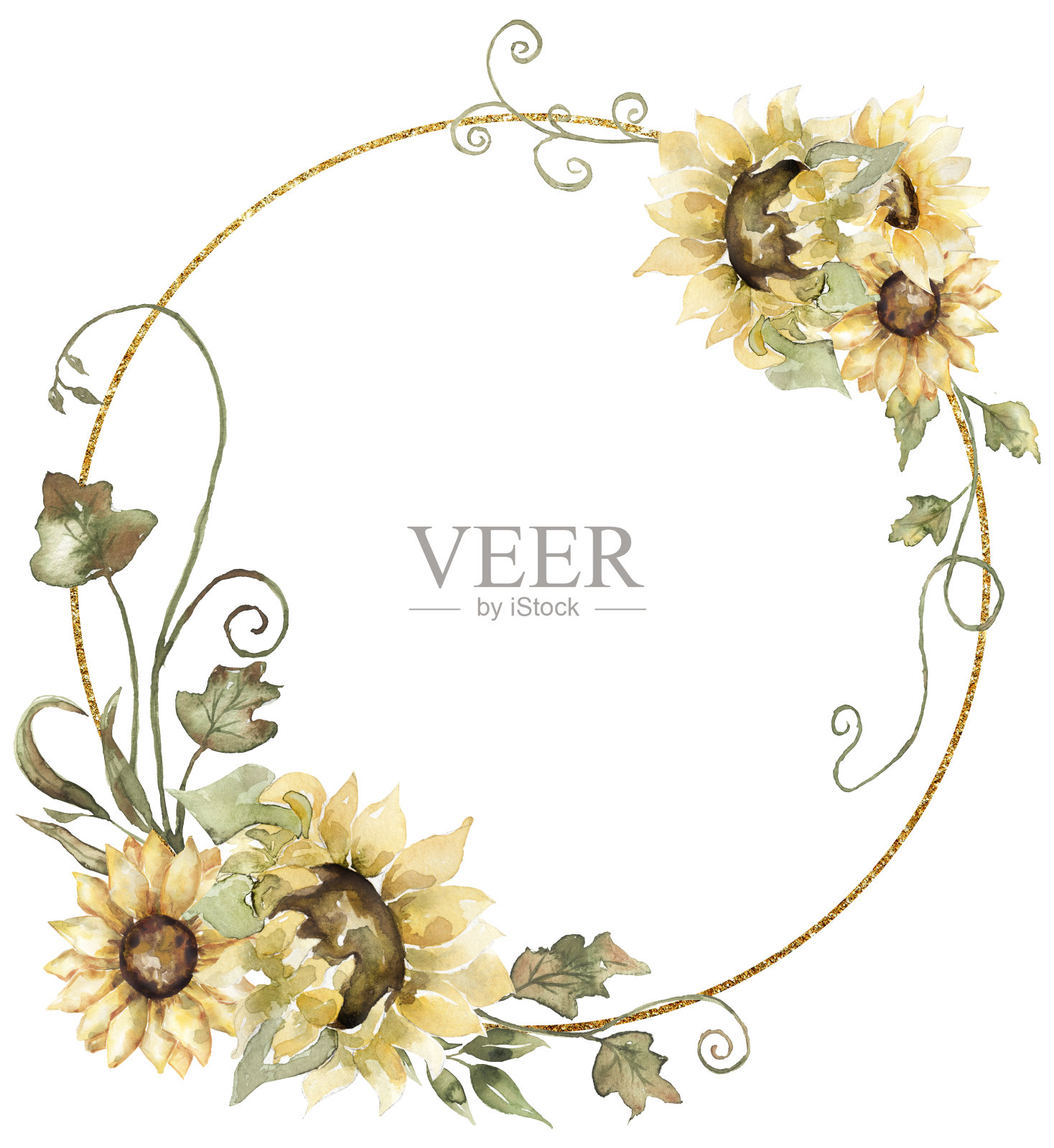 向日葵花环剪贴画，水彩草甸花框架，图形质朴的野花花束插图，婚礼邀请，婴儿淋浴，标志设计插画图片素材
