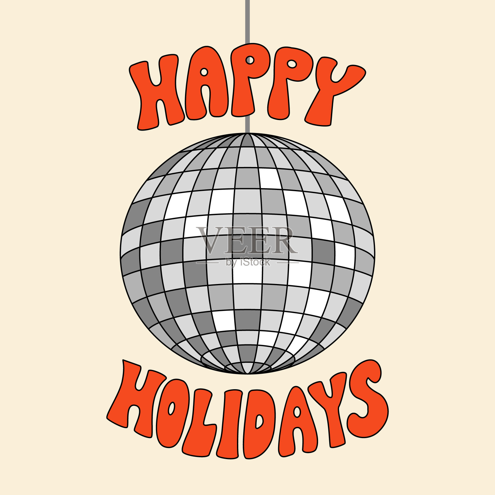 节日快乐，华丽的字体和银色迪斯科球插画图片素材