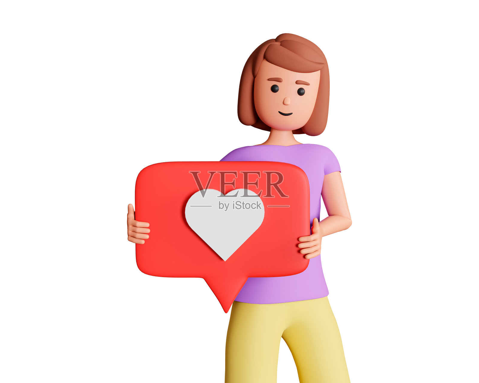 年轻女子角色持有讲话泡沫与心脏图标在它的3d插图。社交媒体概念与女人持有喜欢的按钮符号在语音气泡3d插图孤立的白色背景照片摄影图片