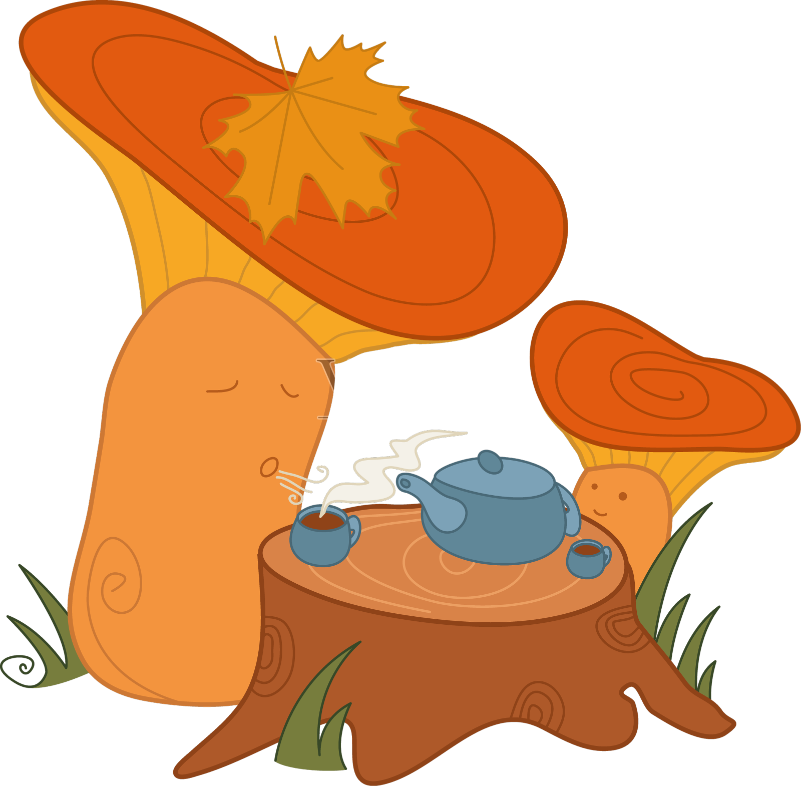 两个蘑菇在树桩上喝茶设计元素图片