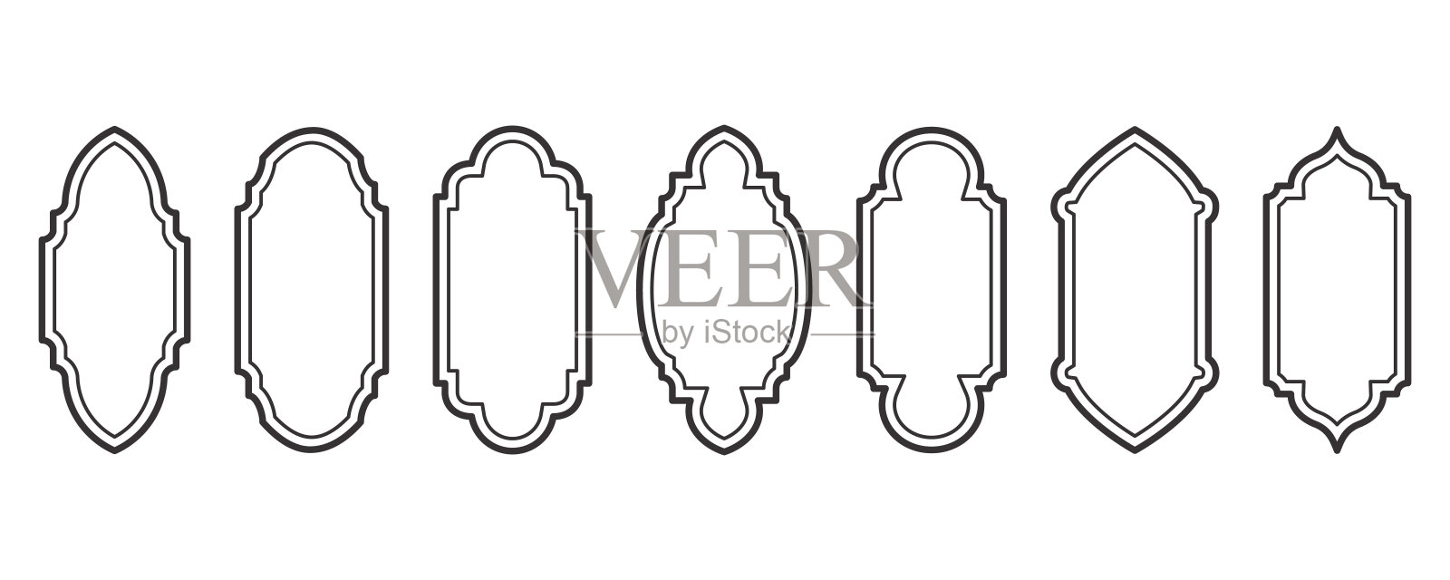 斋月框架形状。窗口阿拉伯文圆弧轮廓元素。门设计与土耳其装饰。穆斯林东方贴纸模板。旗帜和徽章的传统装饰套装。插画图片素材