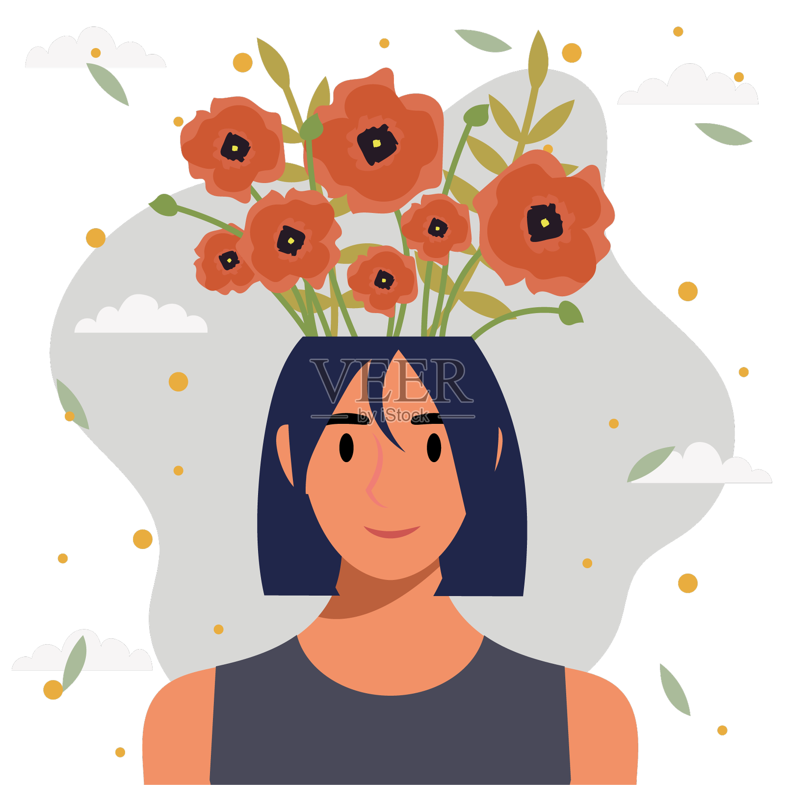 平面设计概念的女人与花在她设计元素图片