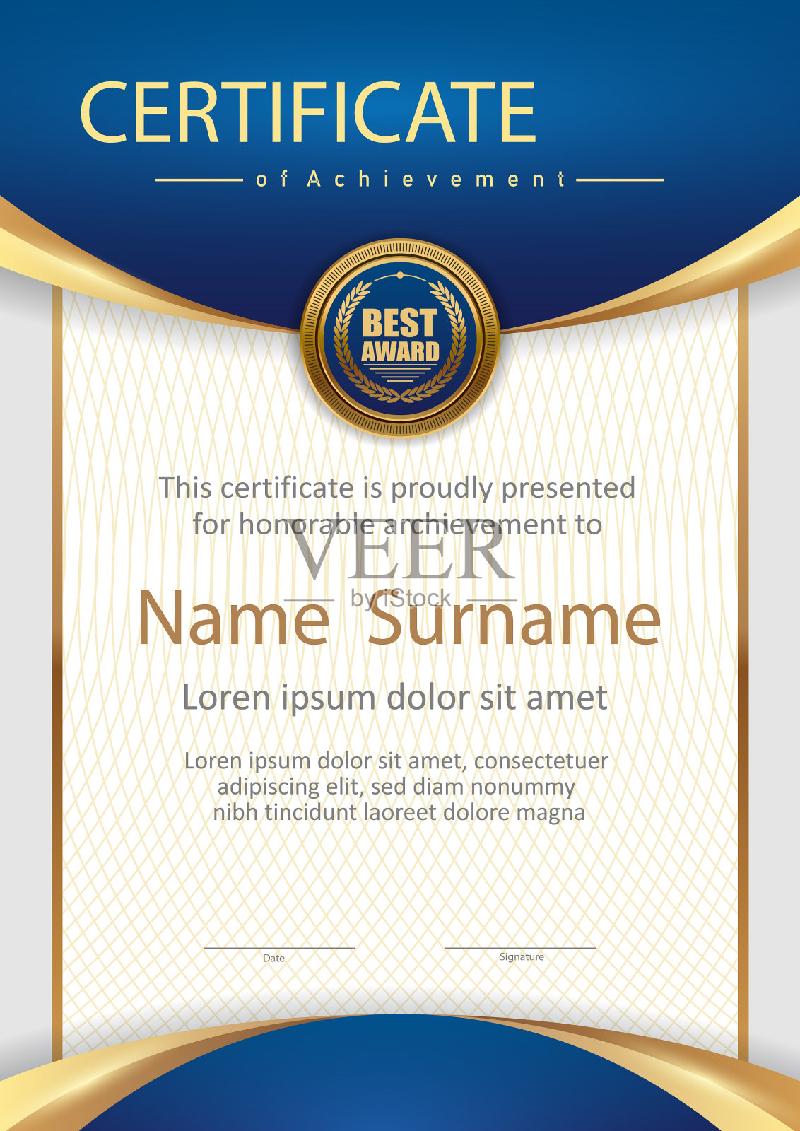 蓝色和金色证书模板插画图片素材
