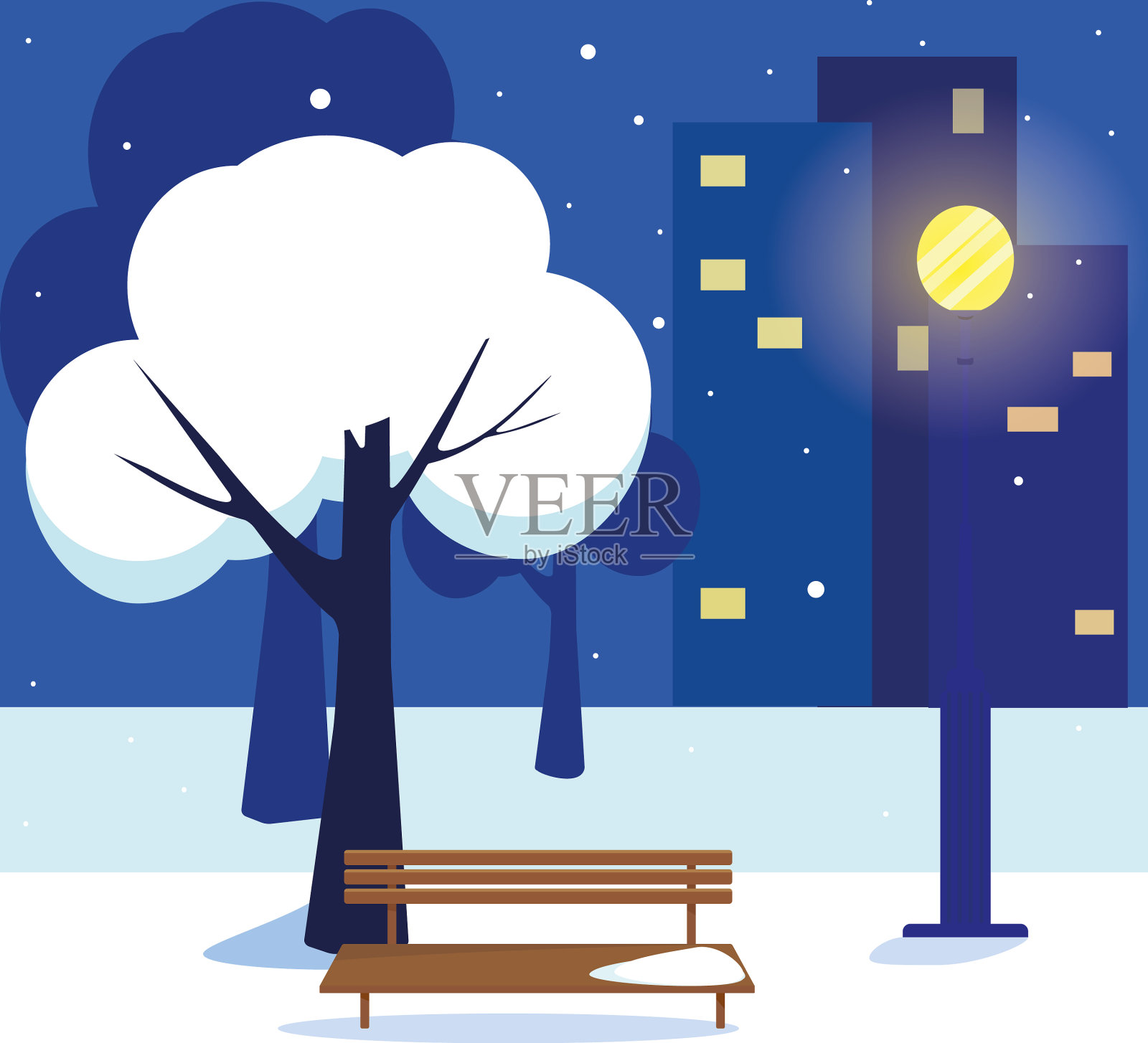 城市公园里的冬夜插画图片素材