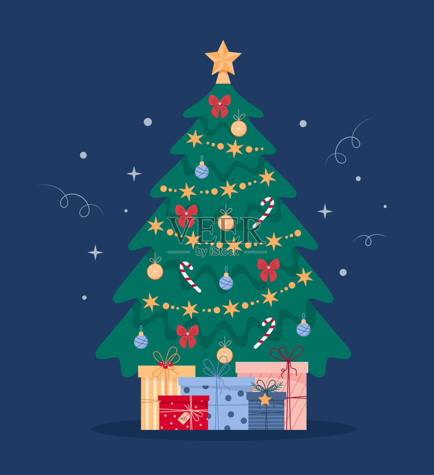 圣诞节的概念。可爱的圣诞树，有礼物和装饰品。矢量插图在一个黑暗的背景插画图片素材