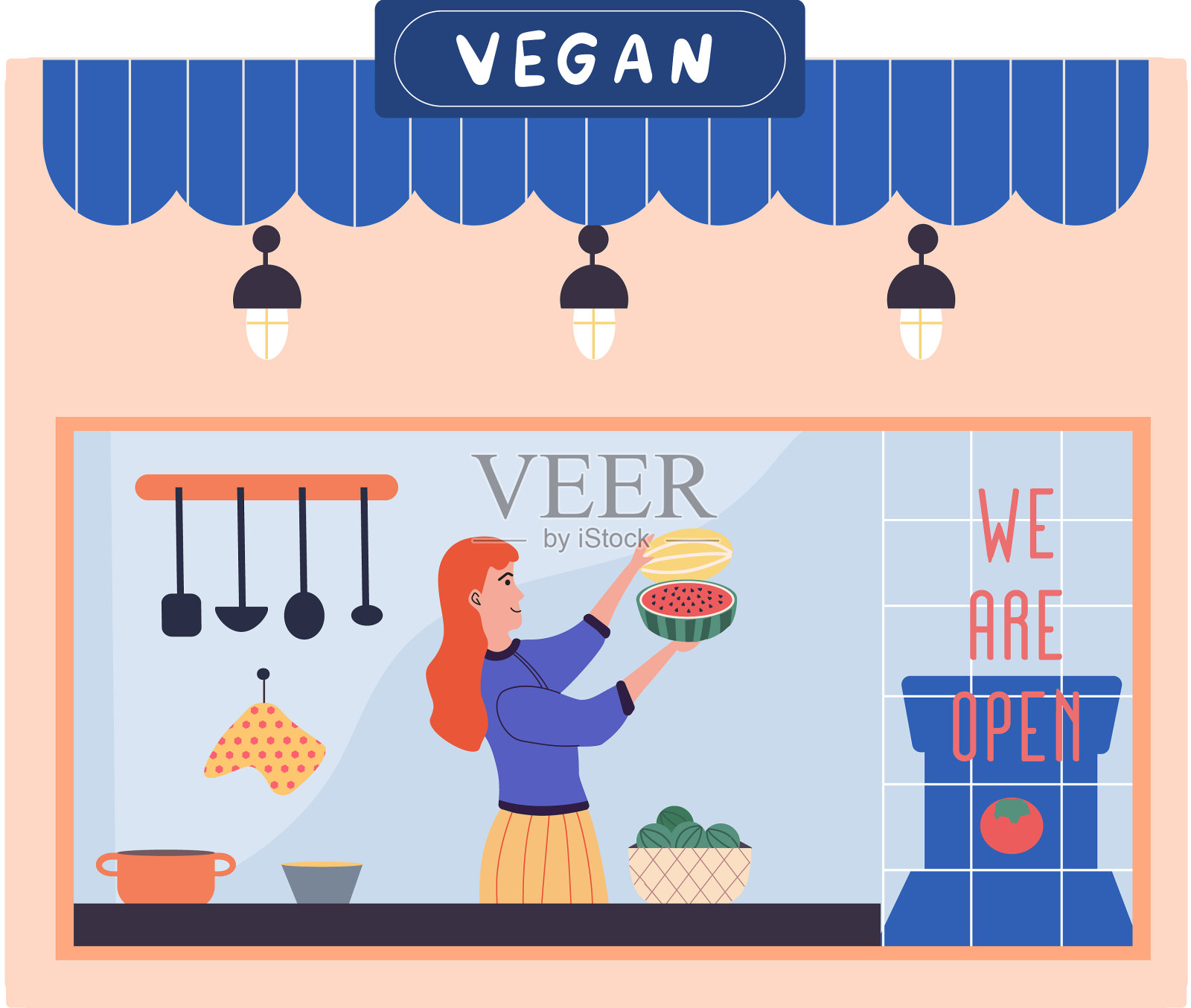 现代素食移动咖啡馆在城市快乐餐厅插画图片素材