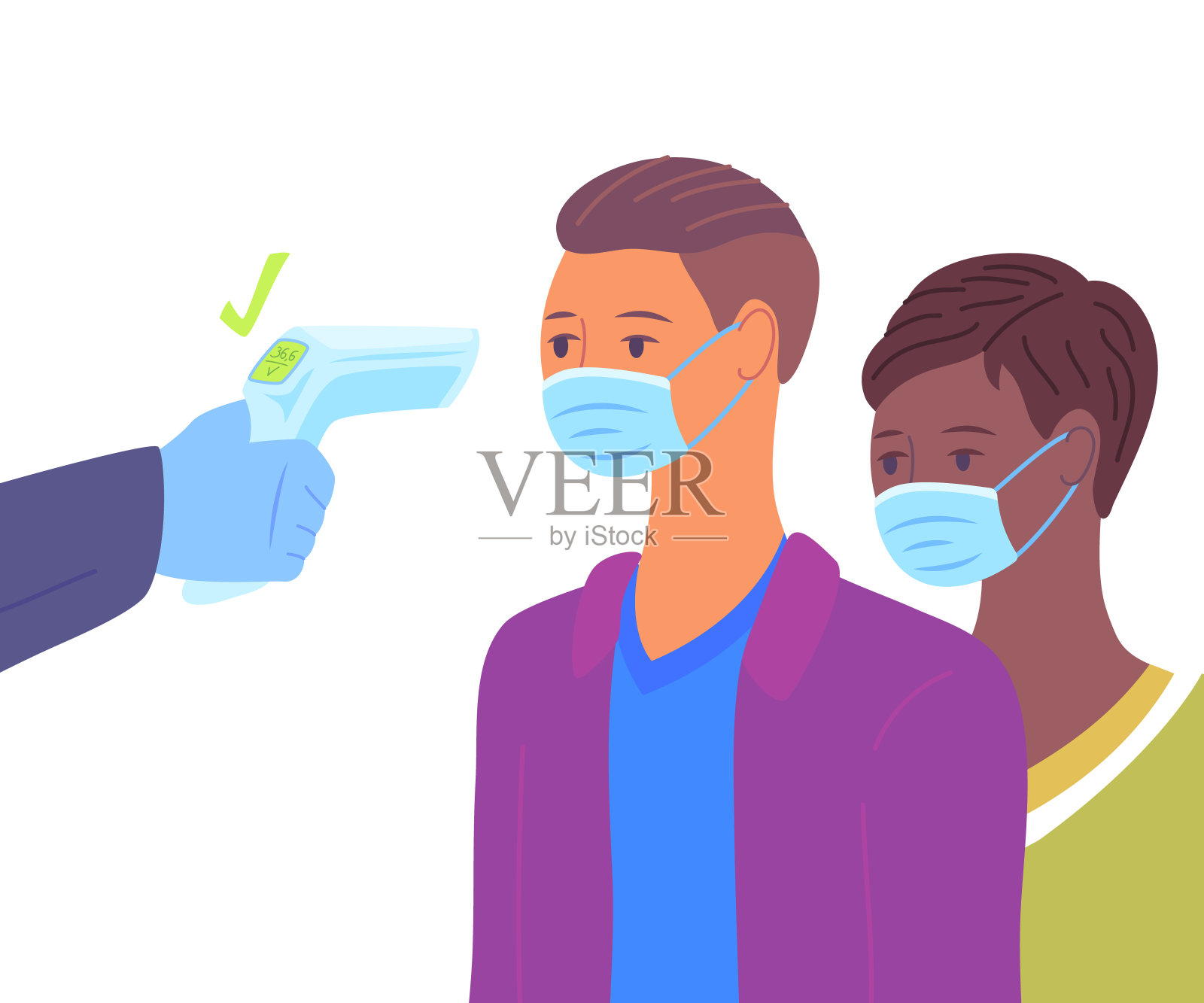 卡通彩色人物、人与体温检查。向量插画图片素材