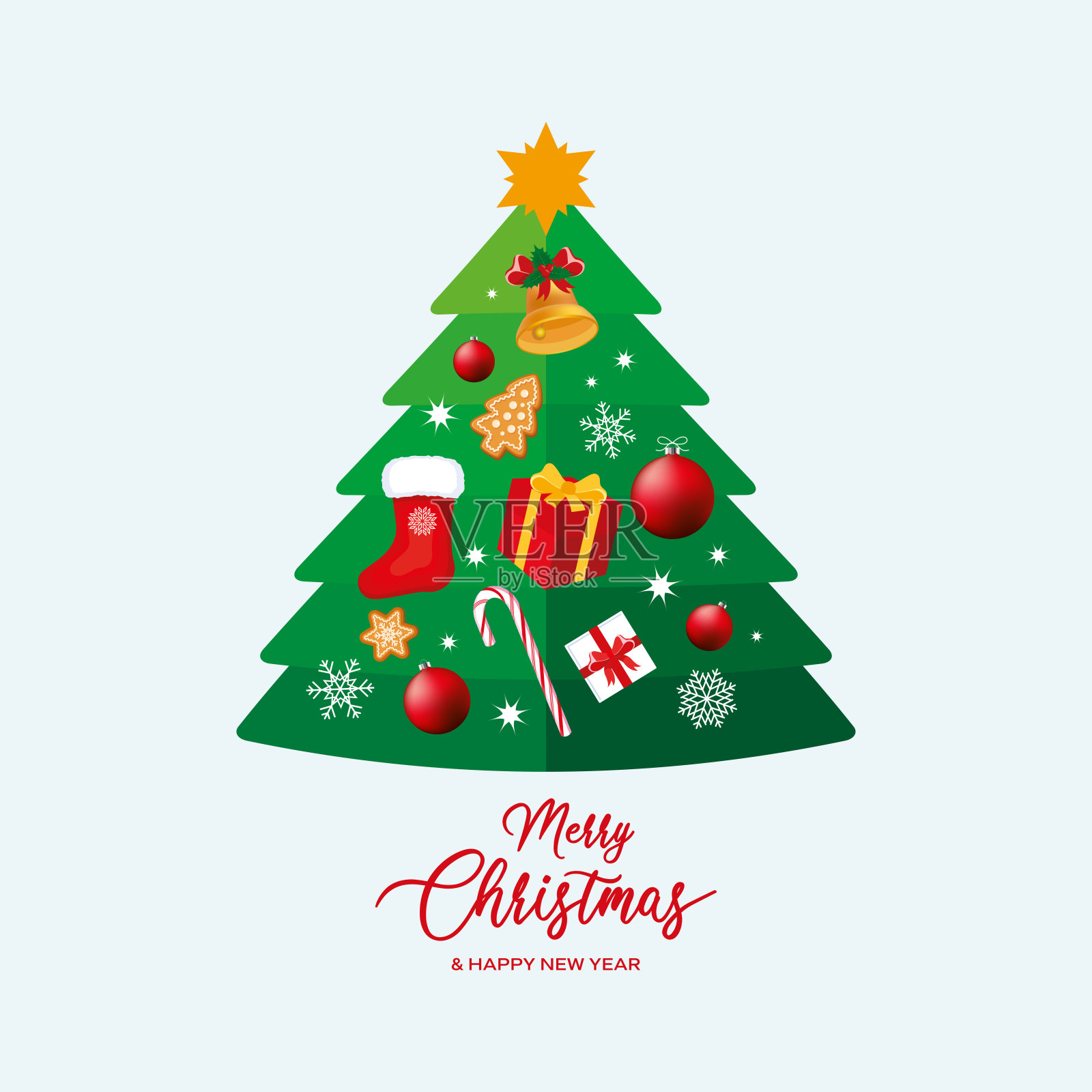 圣诞快乐贺卡与风格化的圣诞绿色树在浅蓝色的背景插画图片素材
