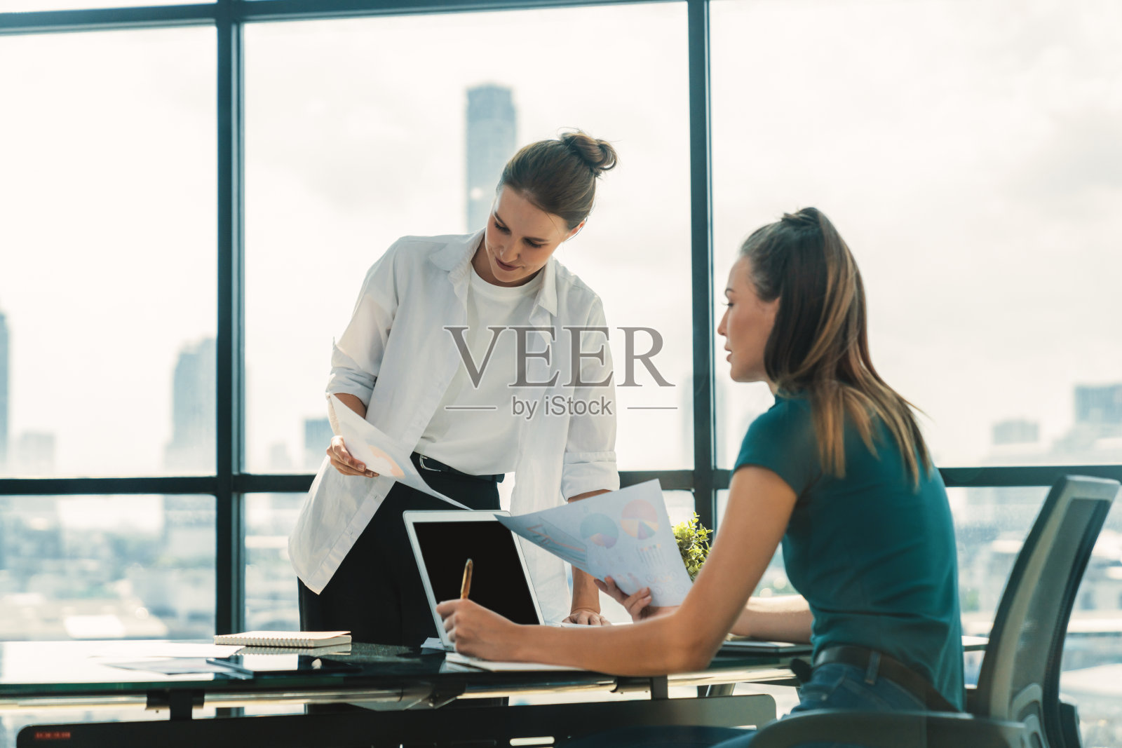 女商人利用统计资料讨论财务计划。窗饰。照片摄影图片