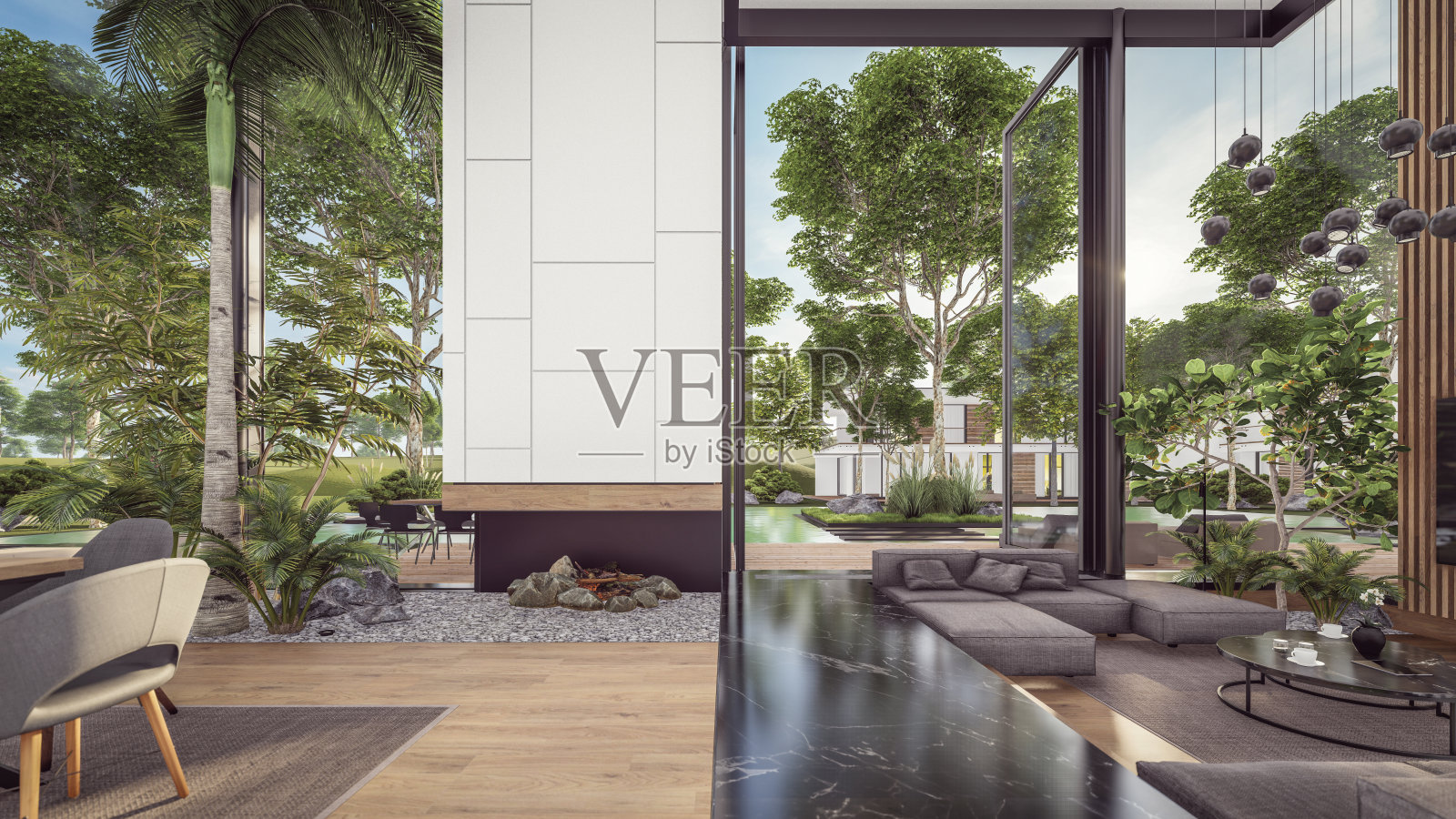 3d渲染昂贵舒适的室内与绿色的墙壁在晚上照片摄影图片