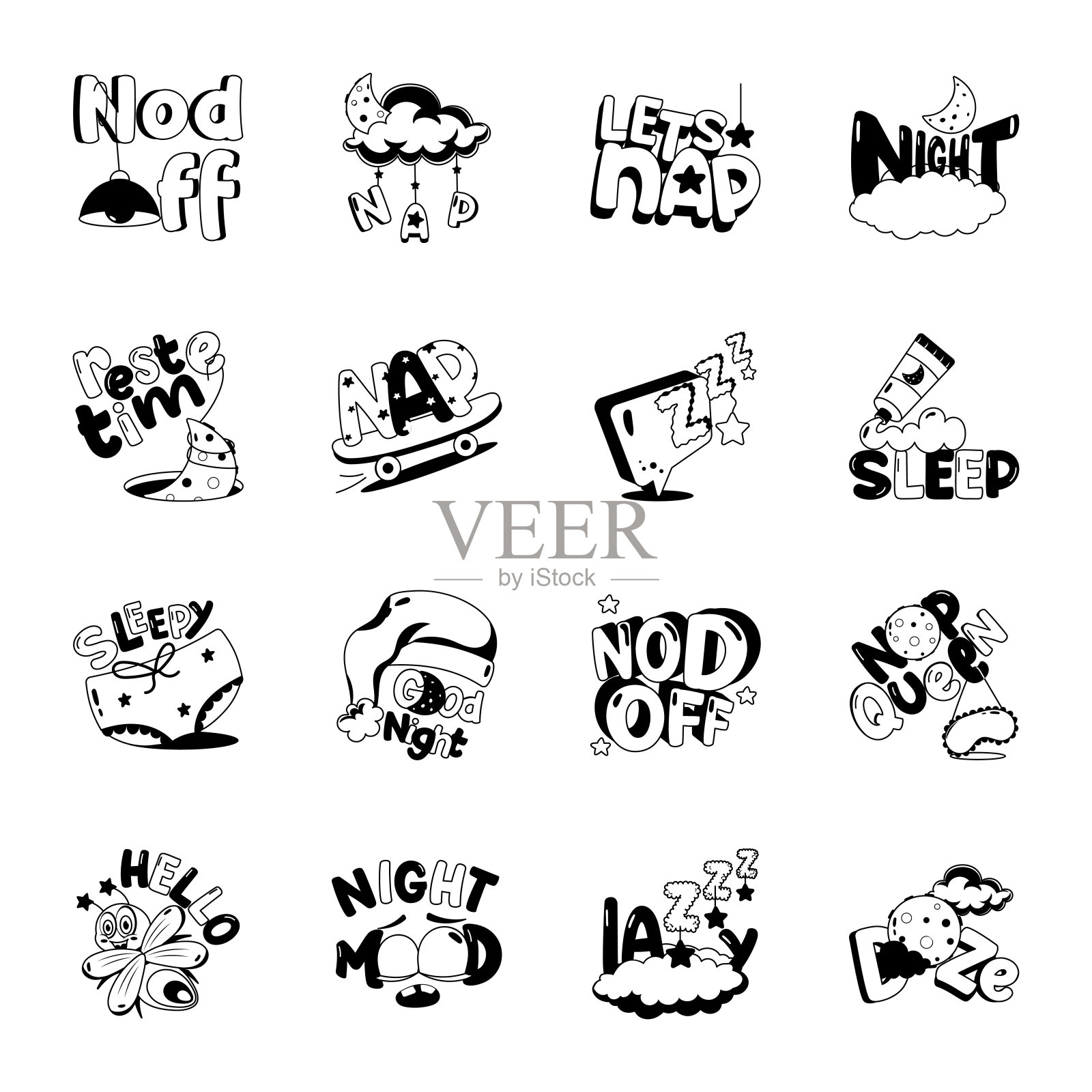 时髦的一套夜间字形贴纸插画图片素材