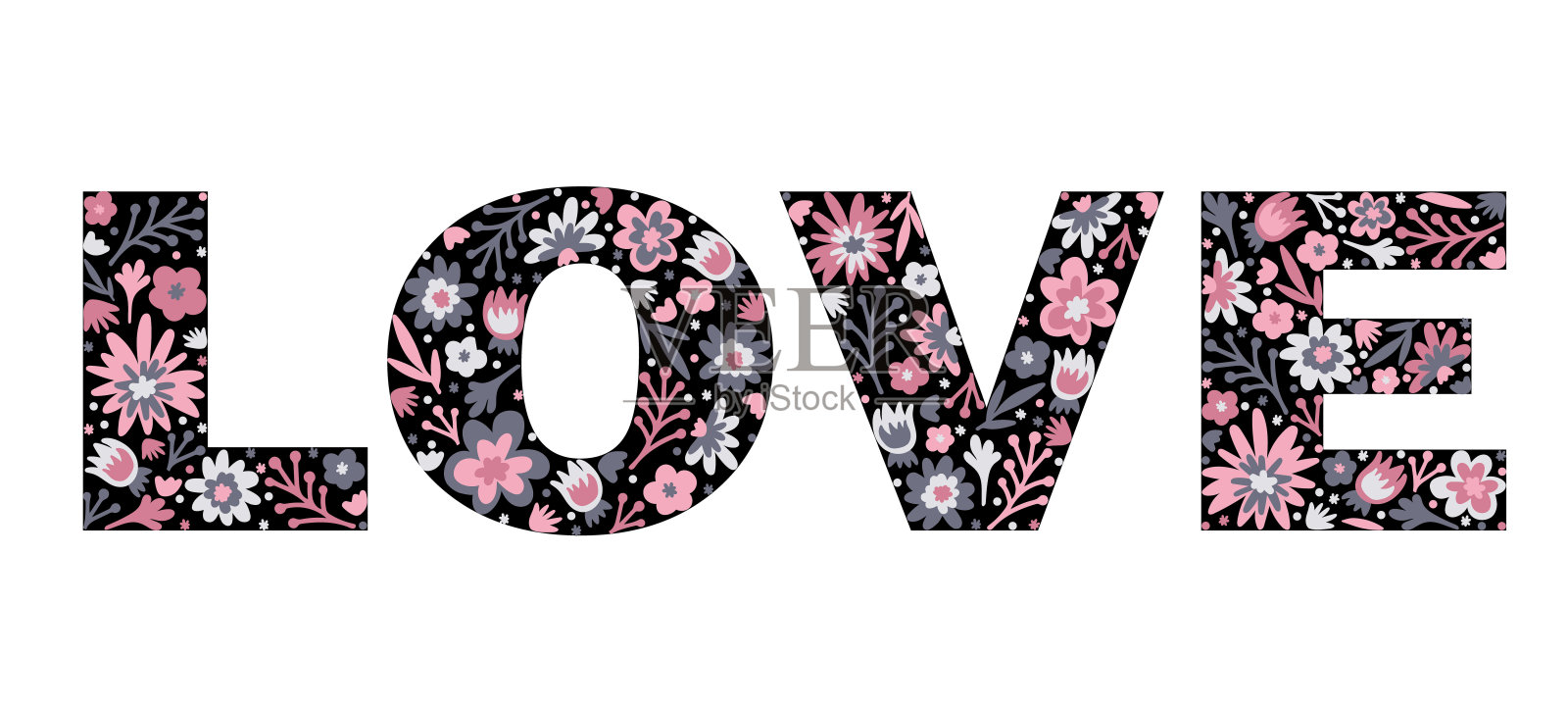 字爱的涂鸦花和叶。嬉皮词LOVE。孤立的插画图片素材