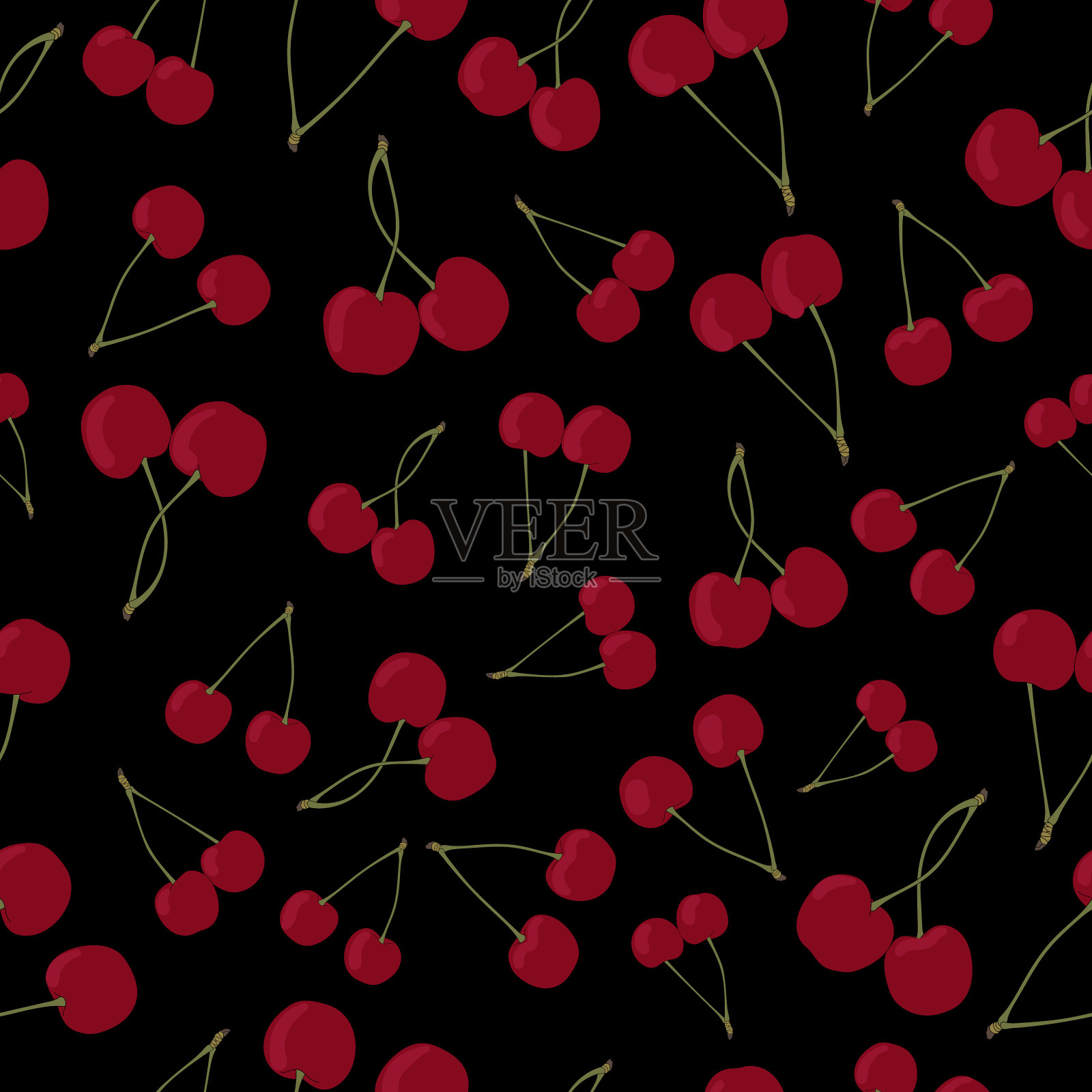樱桃无缝图案黑色背景插画图片素材
