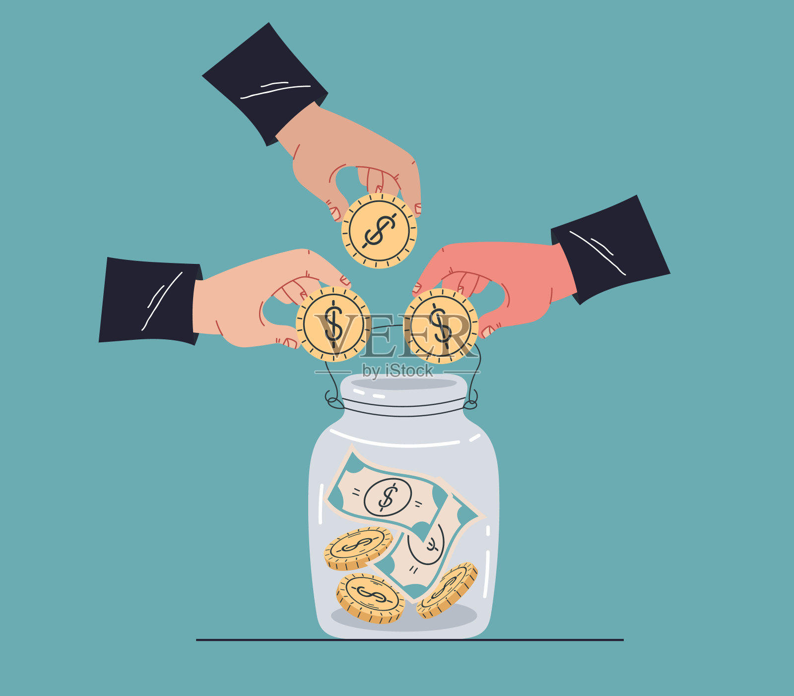 捐款省钱存钱存钱挣钱的概念。矢量设计图形说明插画图片素材