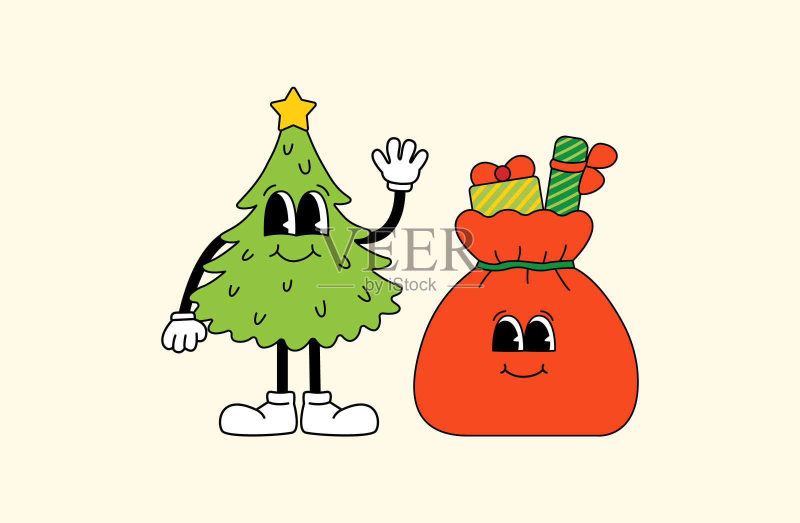 可爱的圣诞树和装满礼物的袋子插画图片素材