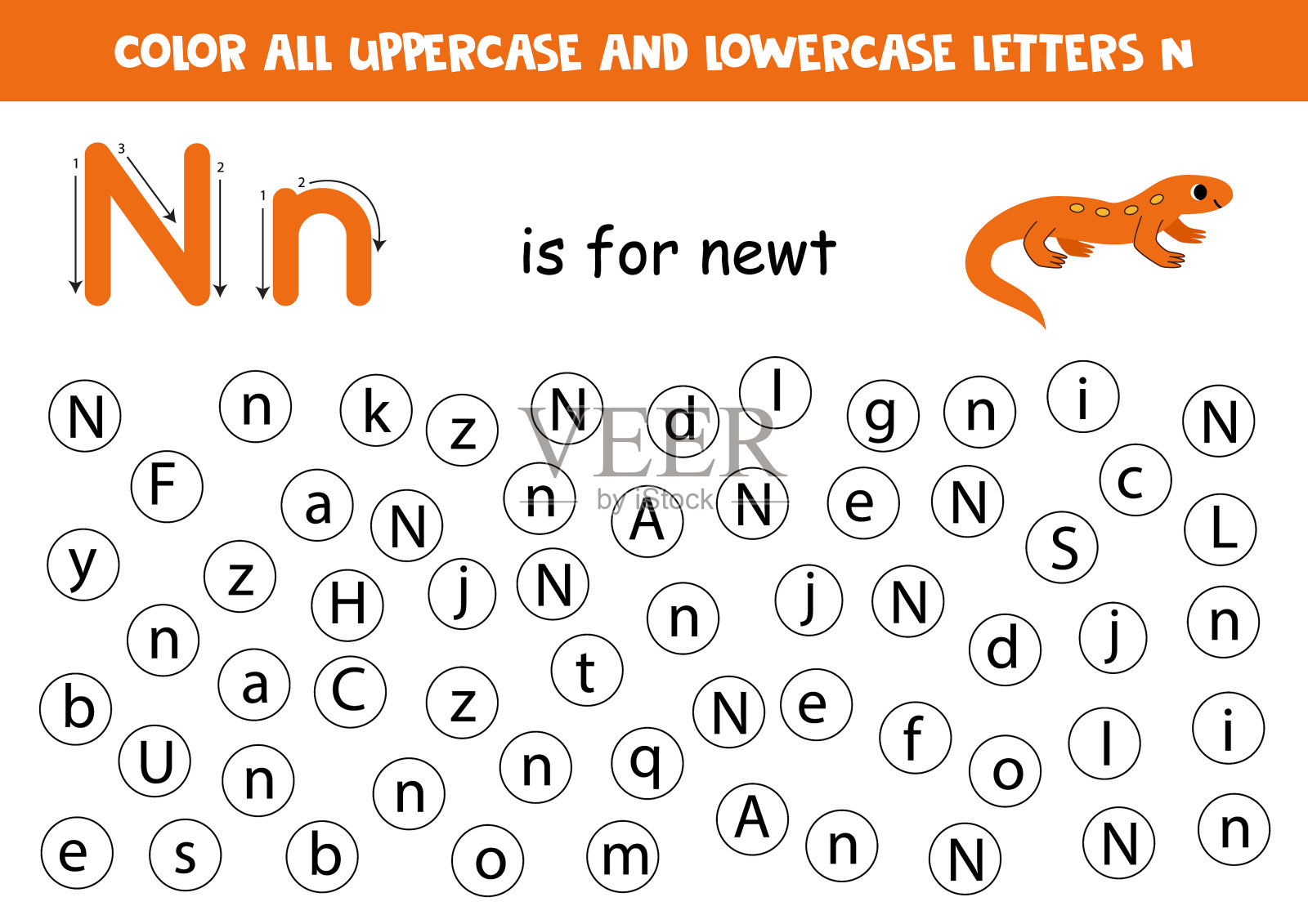 找出并点上所有字母n。可爱的蝾螈。插画图片素材