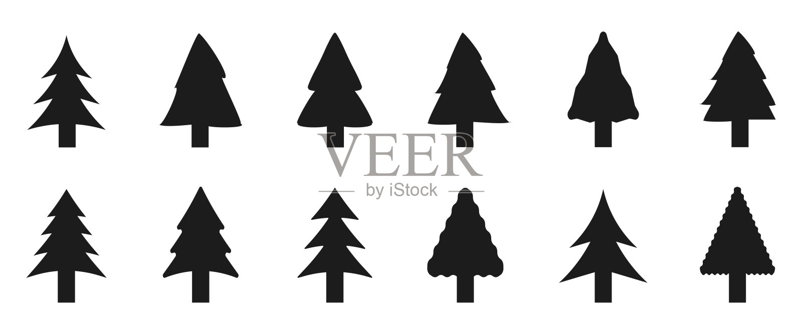 圣诞快乐，新年快乐。杉树的集合。黑白设计。简单的符号，符号。矢量图插画图片素材