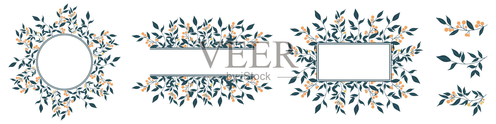 由植物树枝和浆果制成的框架矢量插图的集合。插画图片素材