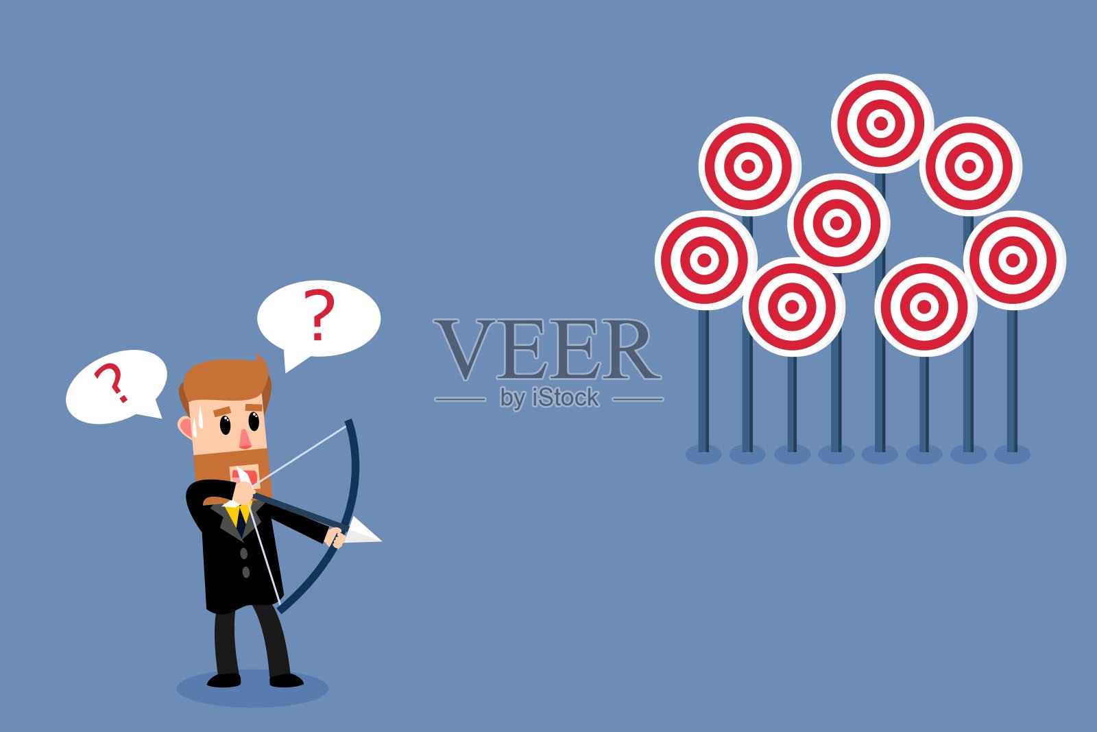 商人在选择最佳目标时犹豫不决。射箭目标选择。经营理念。矢量图插画图片素材