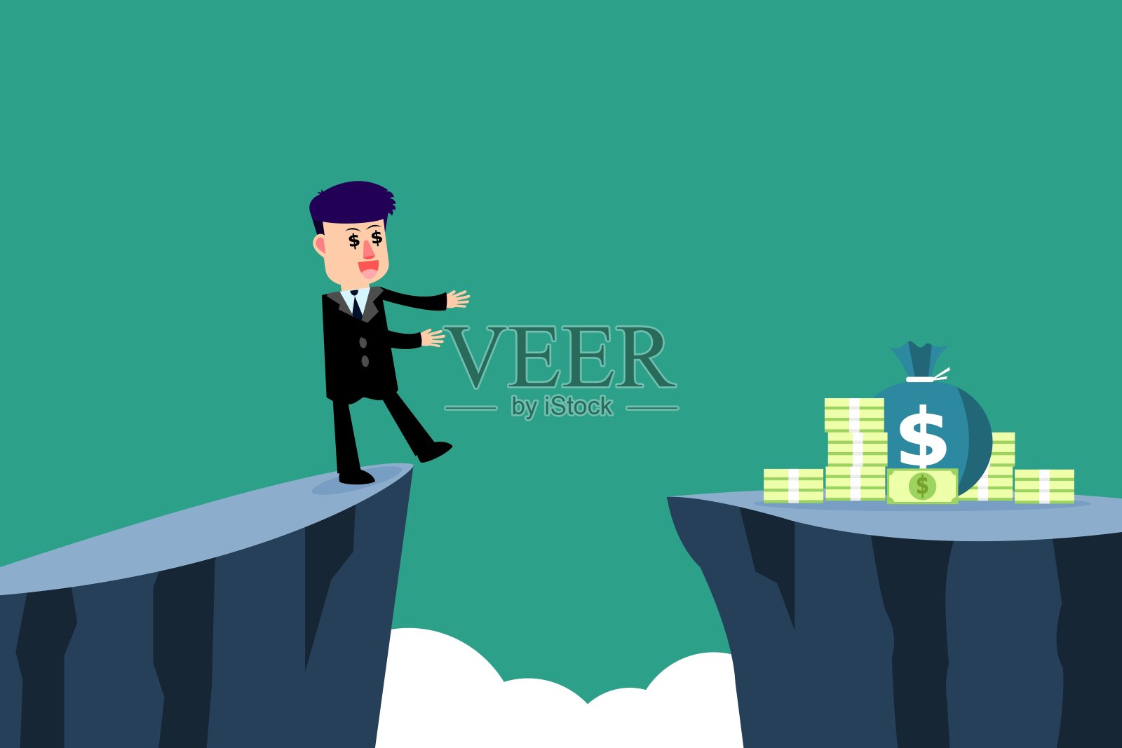 贪婪的商人在悬崖的另一边走向金钱。经营理念。矢量图插画图片素材