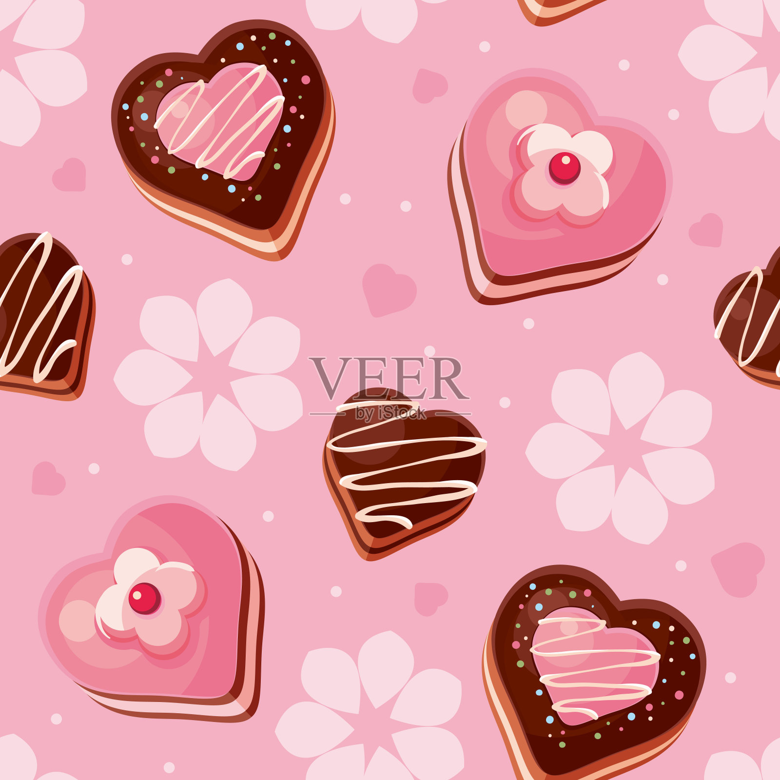 无缝图案与可爱的巧克力，粉红色的心，糖果，蛋糕，鲜花。情人节装饰饼干，棒棒糖蛋糕为背景。插画图片素材
