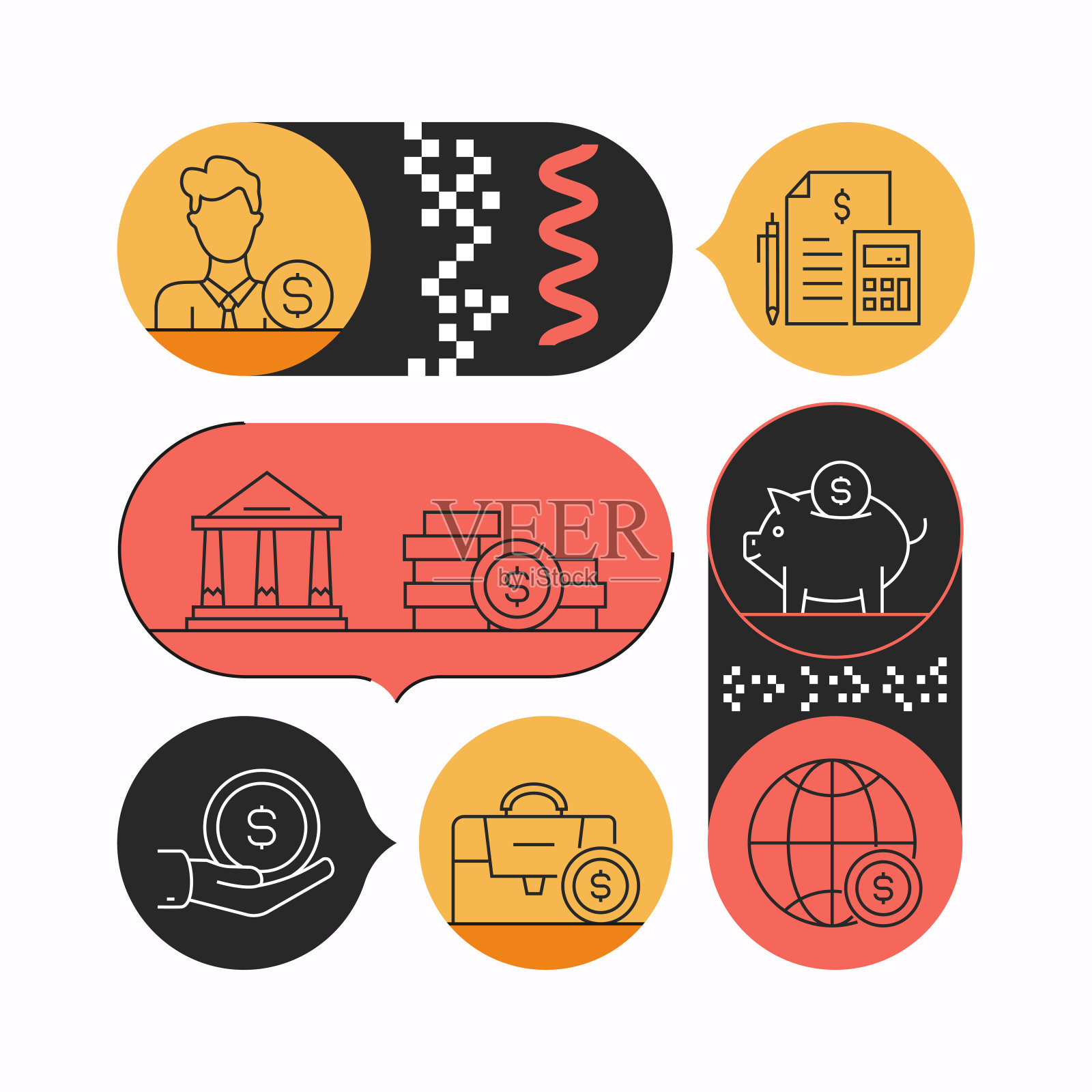 金融和商业相关矢量banner设计概念。全球多领域即用模板。Web banner、网站标题、杂志、移动应用等。现代设计。插画图片素材