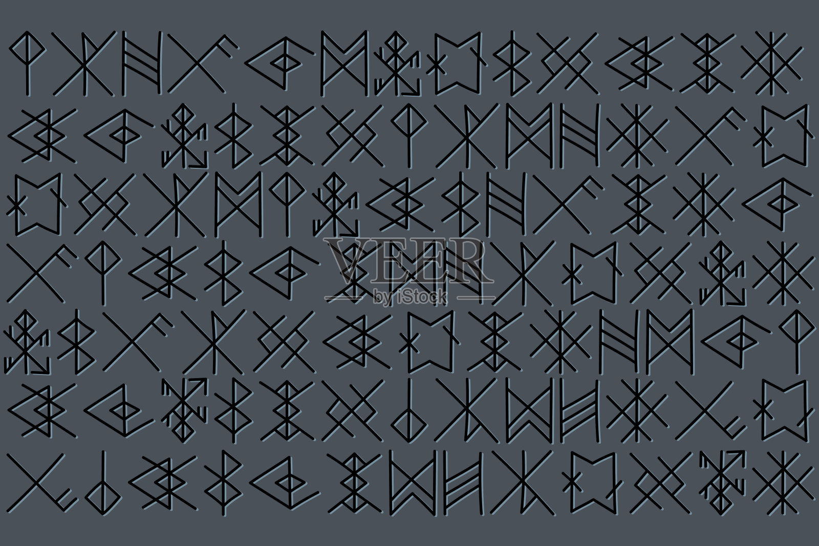 在深灰色背景上的符文字符图案的插图线。插画图片素材