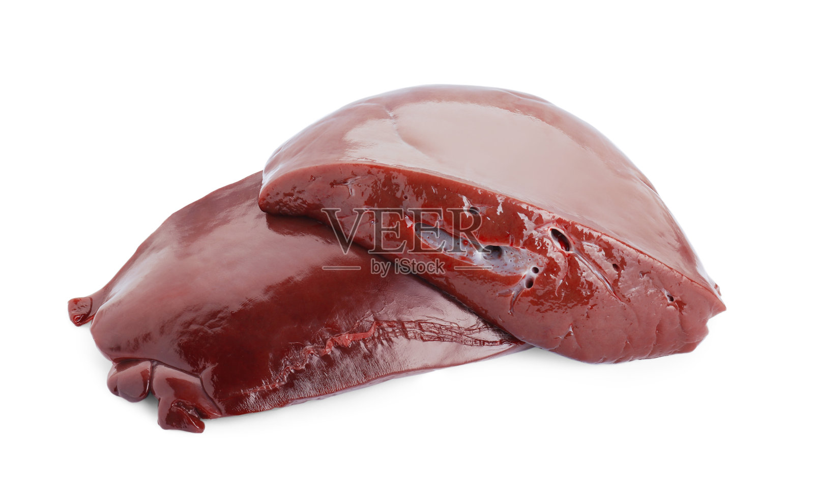 一块块的生牛肝隔离在白色上照片摄影图片