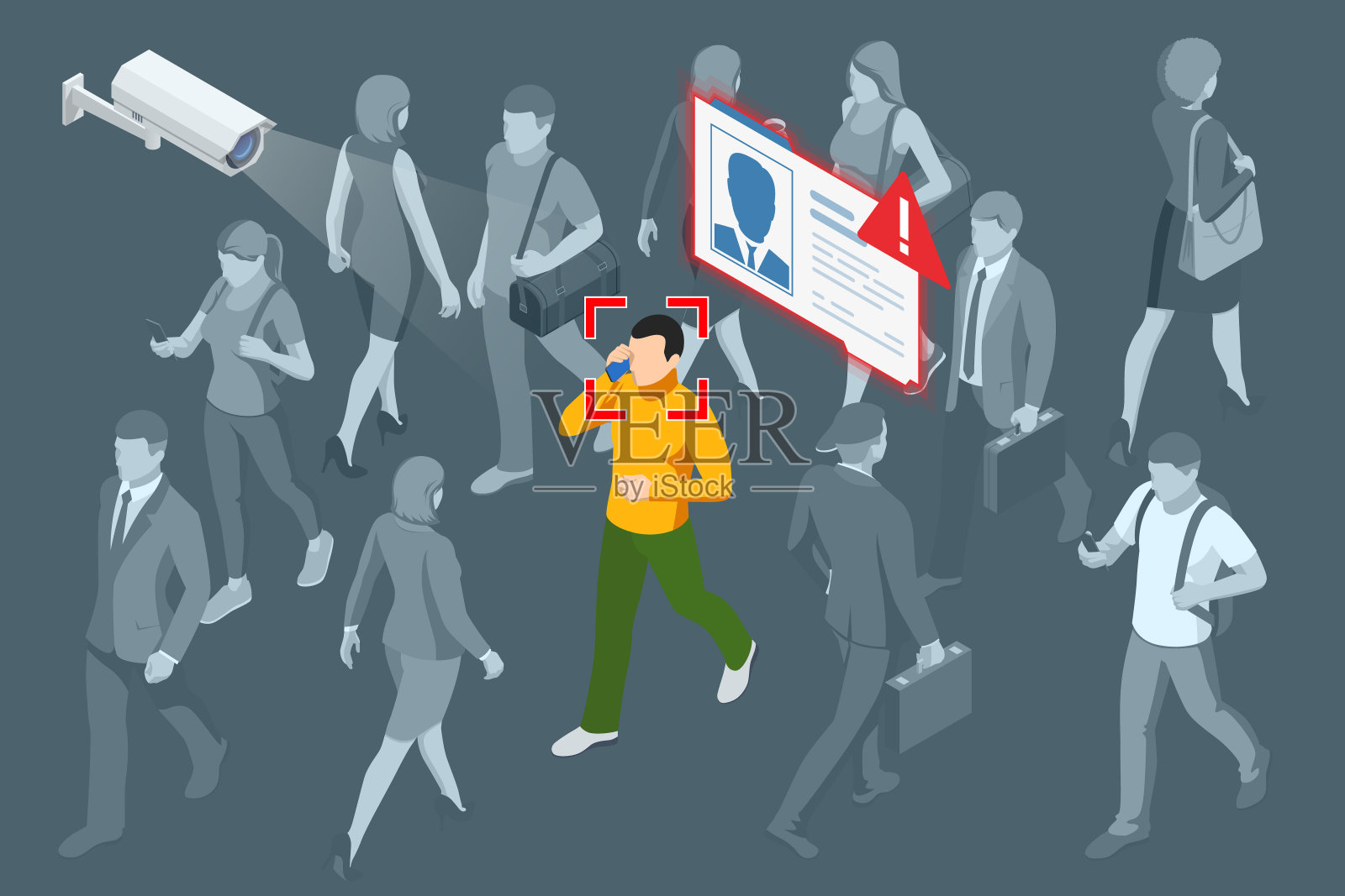 街道监控摄像头中的等距人脸识别和个人识别技术。智能学习系统准确识别人脸。带有人脸识别功能的摄像头。插画图片素材