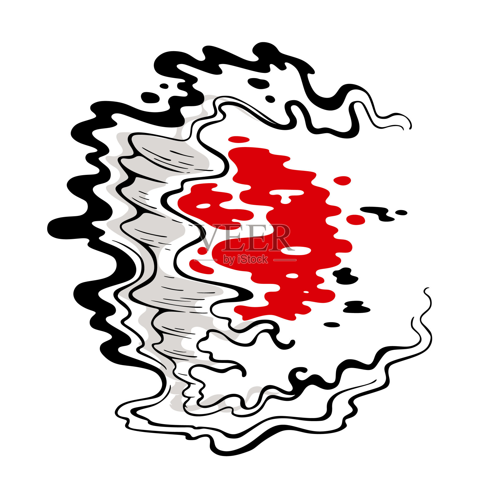 抽象的黑色笔触，复古风格的海浪和太阳反射插画图片素材