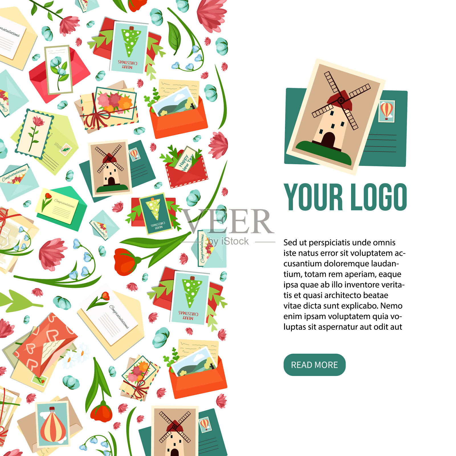 邮寄信封、横幅、鲜花、信封、邮票插画图片素材