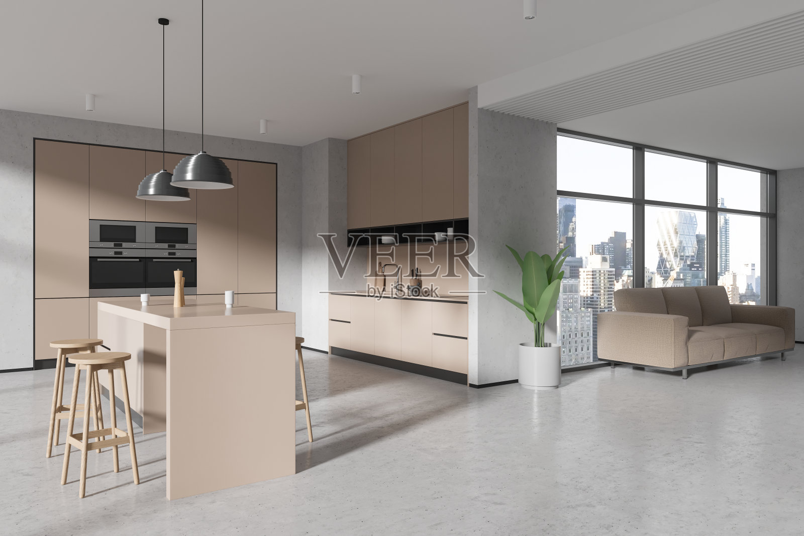 时尚的家庭公寓内部设有烹饪和放松的角落，全景窗户照片摄影图片