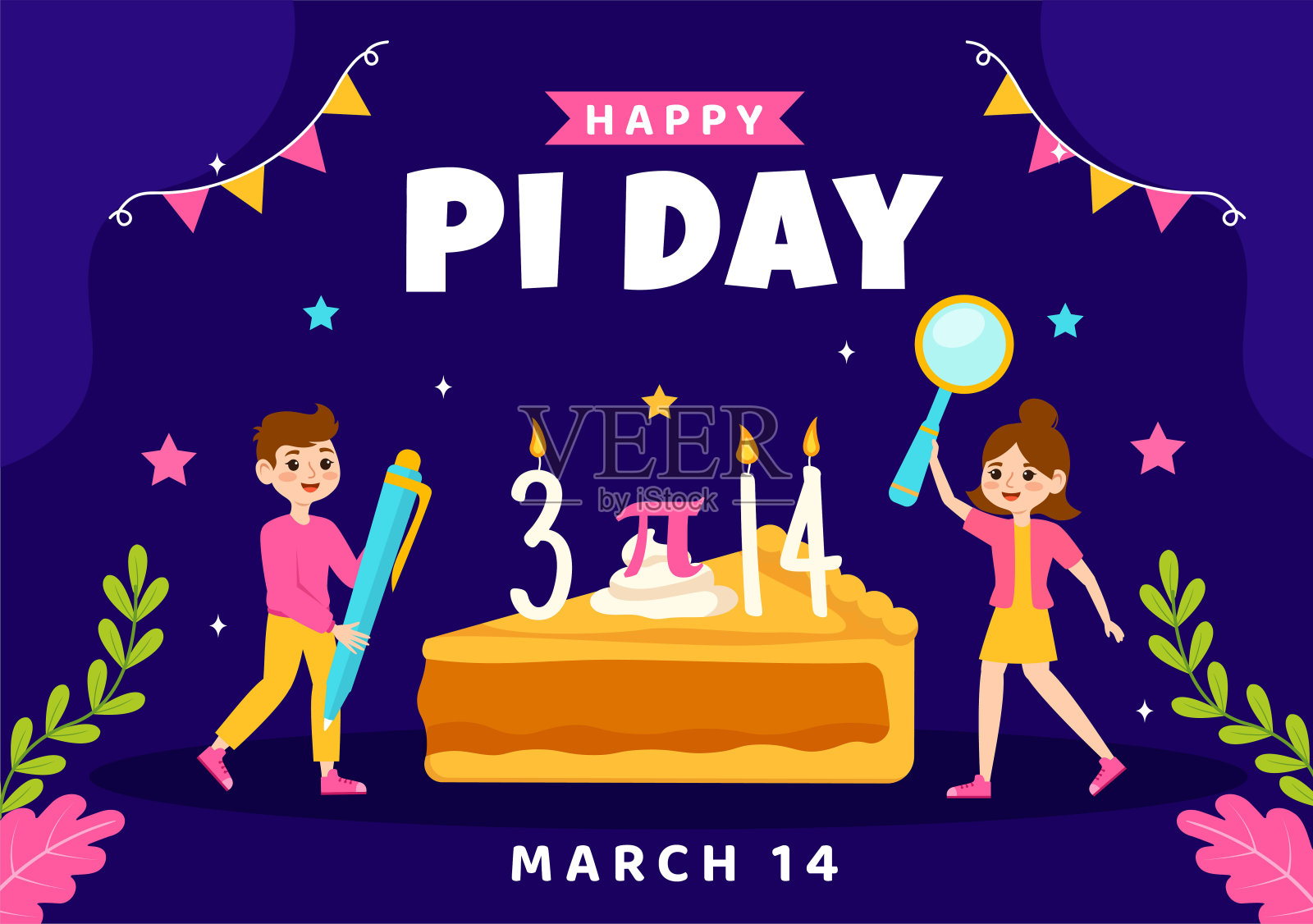 快乐圆周率日矢量插图3月14日与孩子，数学常数，希腊字母或烤甜派在假日平面卡通背景插画图片素材