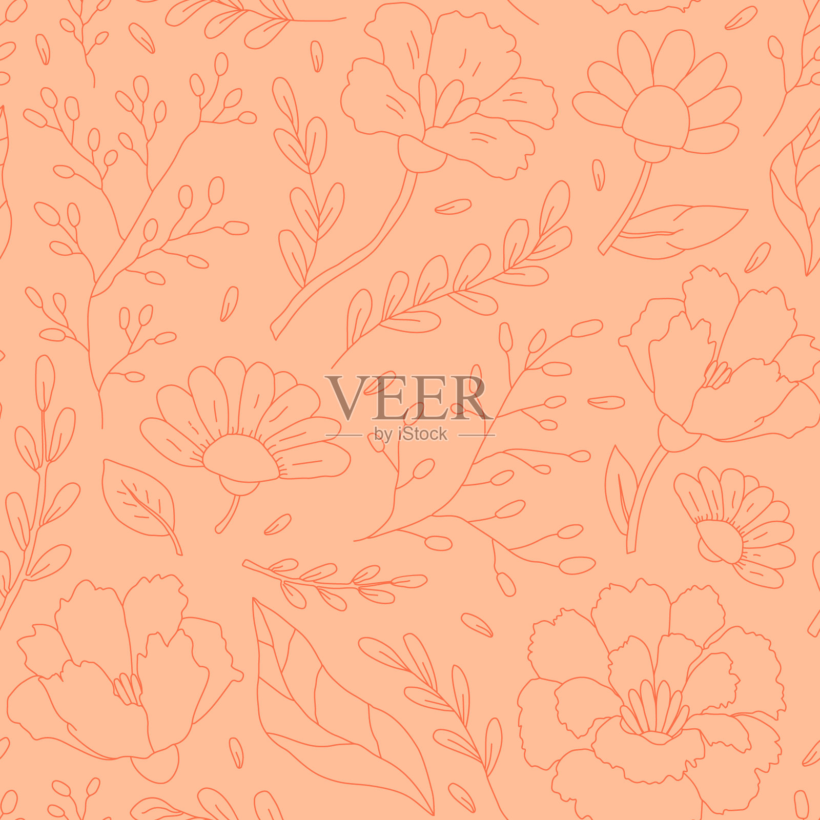 花卉无缝图案的可爱抽象手绘花和叶子。现代矢量插图。插画图片素材