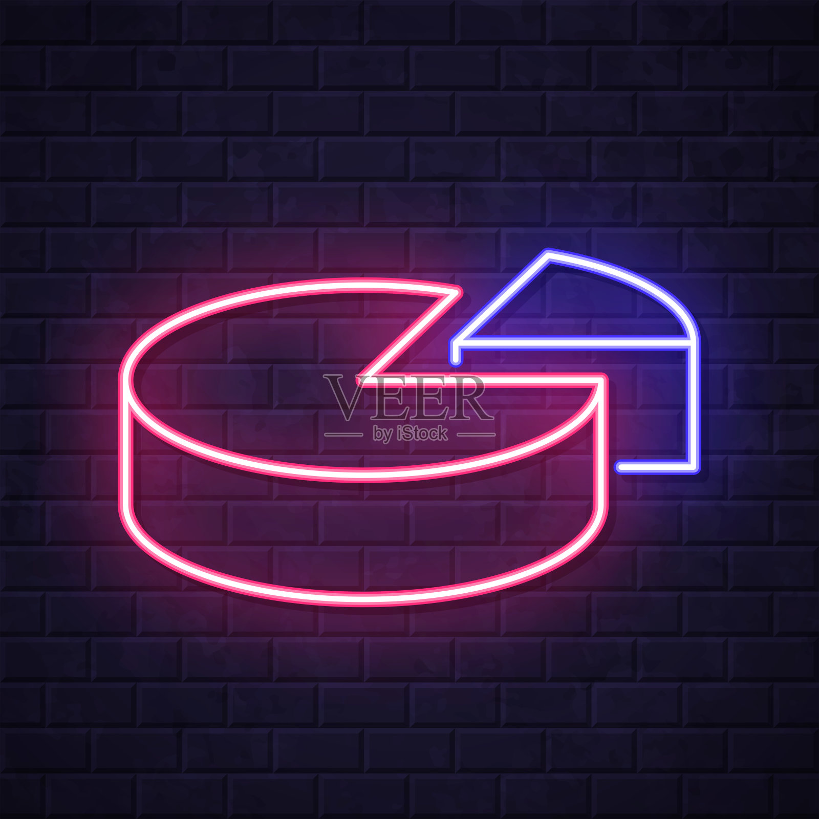 饼图。在砖墙背景上发光的霓虹灯图标插画图片素材
