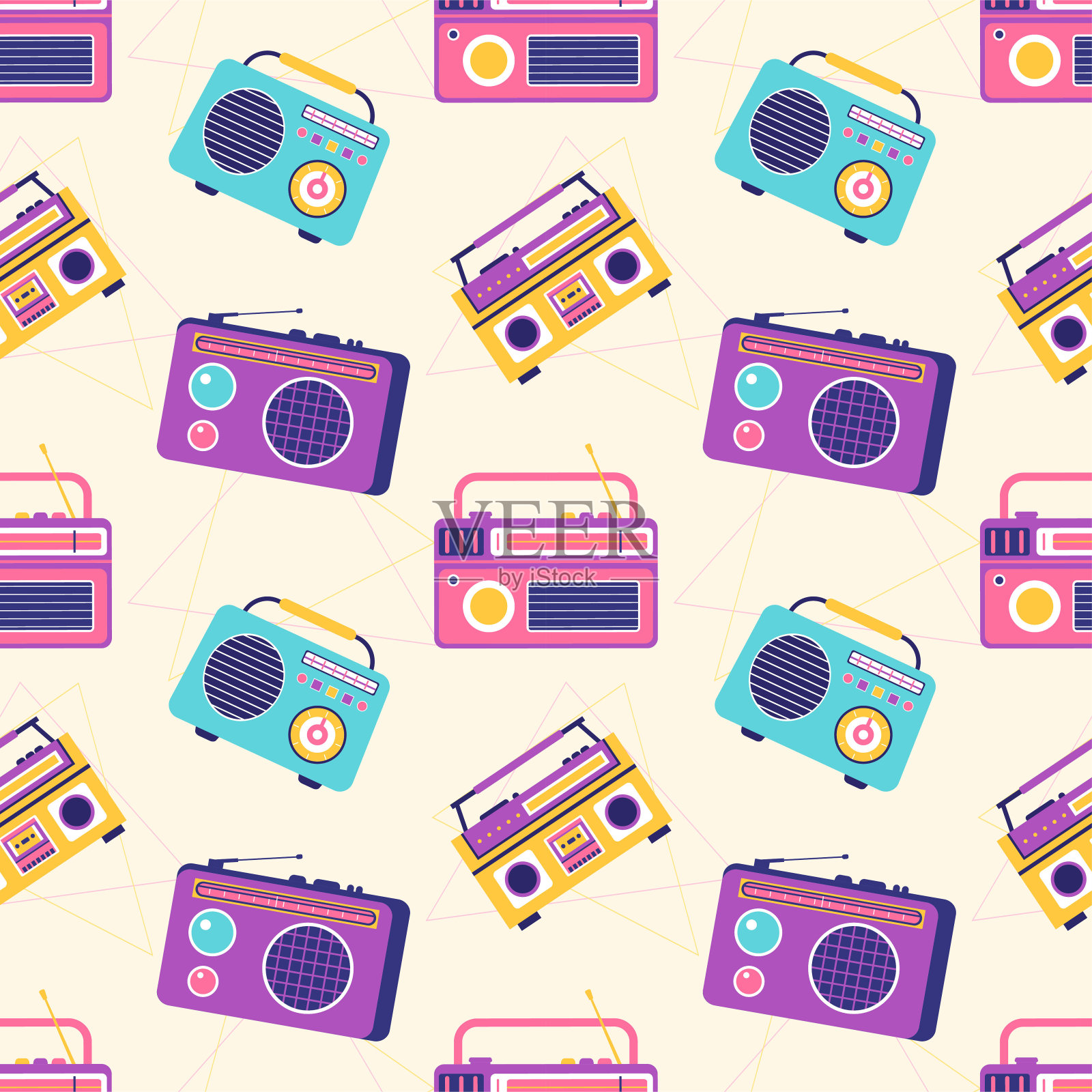 广播无缝模式插图设计与播放器记录和聆听音乐在平面卡通模板插画图片素材