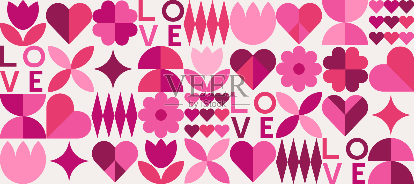 几何情人节无缝图案与简单的形状。浪漫的矢量背景。爱和心。现代抽象设计的印刷品，旗帜，织物，卡片，包装纸，封面。插画图片素材