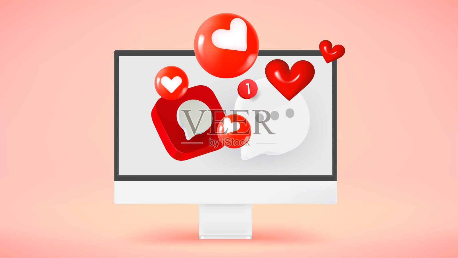 带有社交媒体图标的现代电脑。三维矢量图插画图片素材