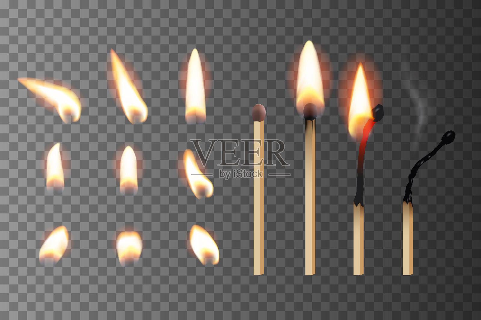 火柴棍与火焰序列设置。木质火柴燃烧循环。新的，燃烧的，燃烧的，吹灭的火柴棍。现实的矢量插图。灯光和火焰设计在透明的背景插画图片素材