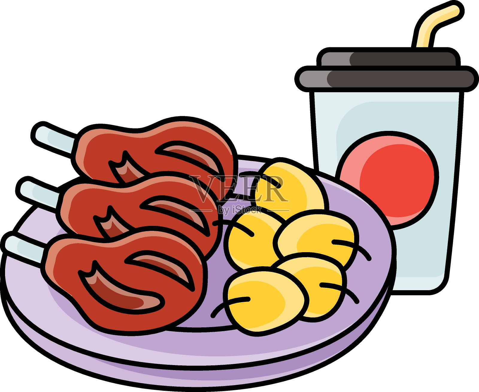 烤西冷牛排与腌制的概念，肉类治疗与可乐矢量颜色图标设计，快餐标志，抢去的饭菜标志，外卖外卖零食股票插图插画图片素材