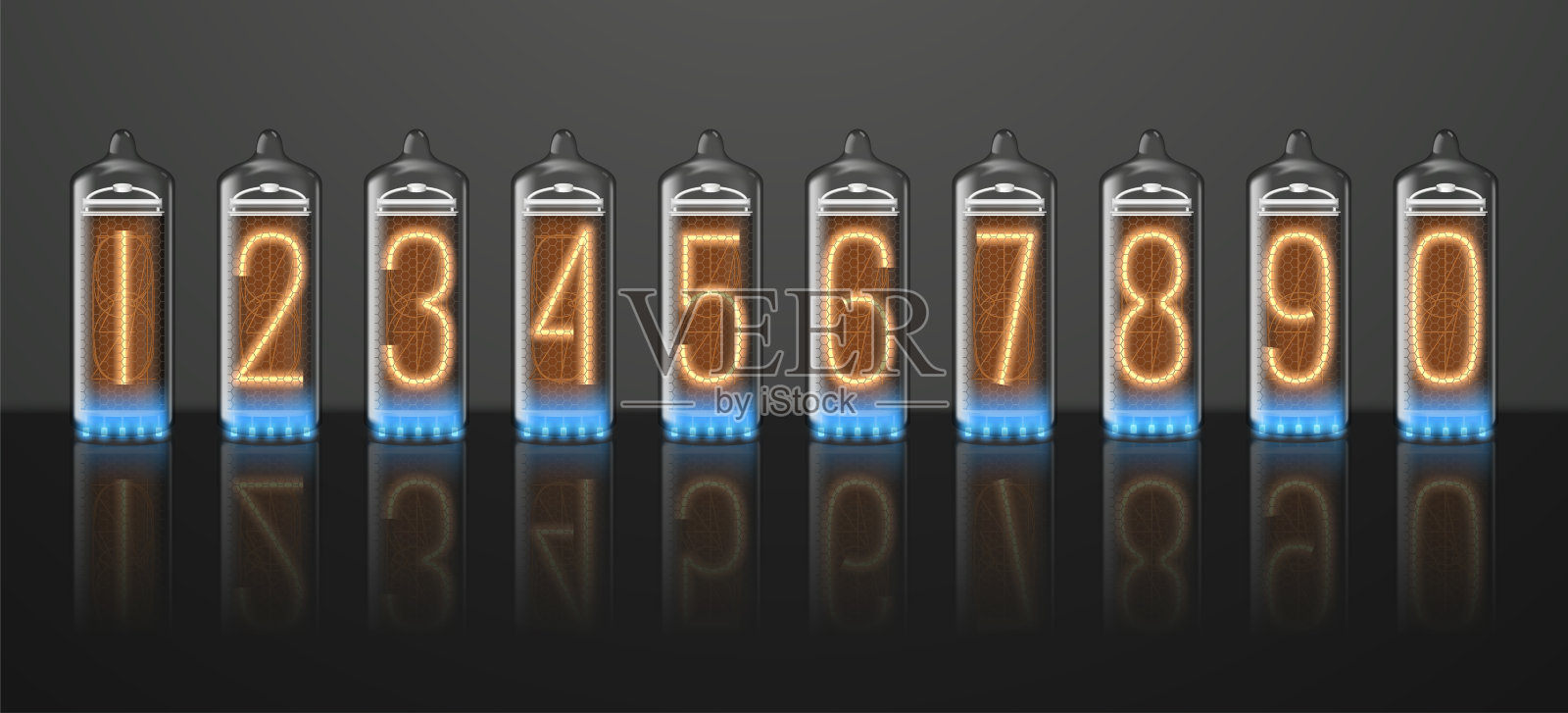复古真空管与发光数字，现实的灯指示。插画图片素材