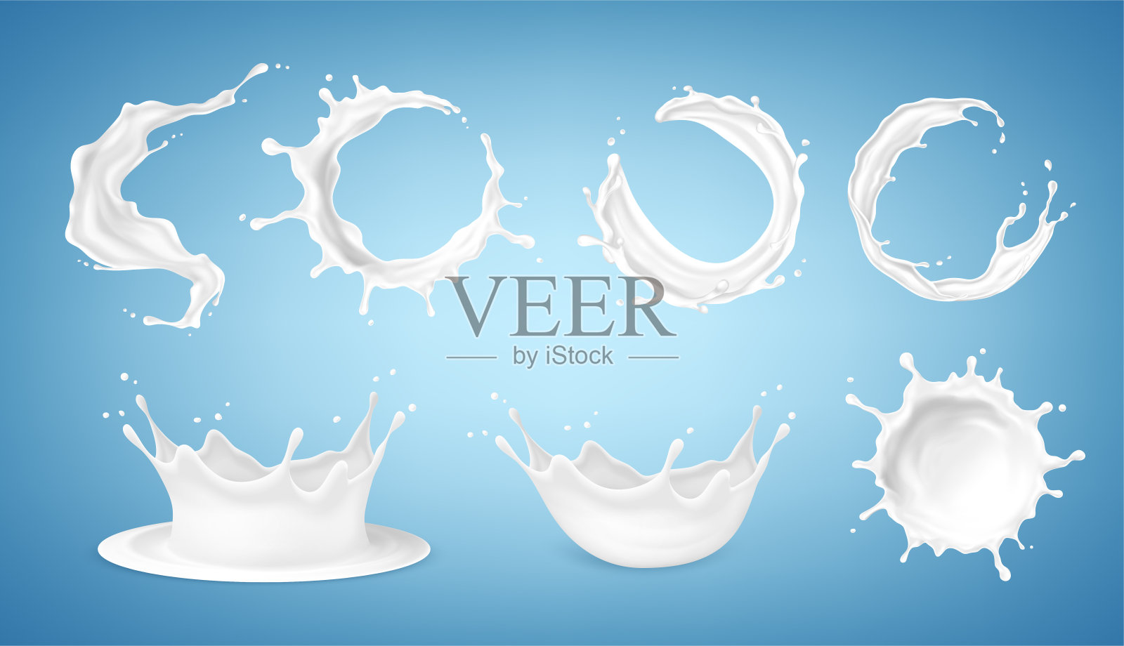蓝色背景上的一大组牛奶飞溅。矢量图插画图片素材