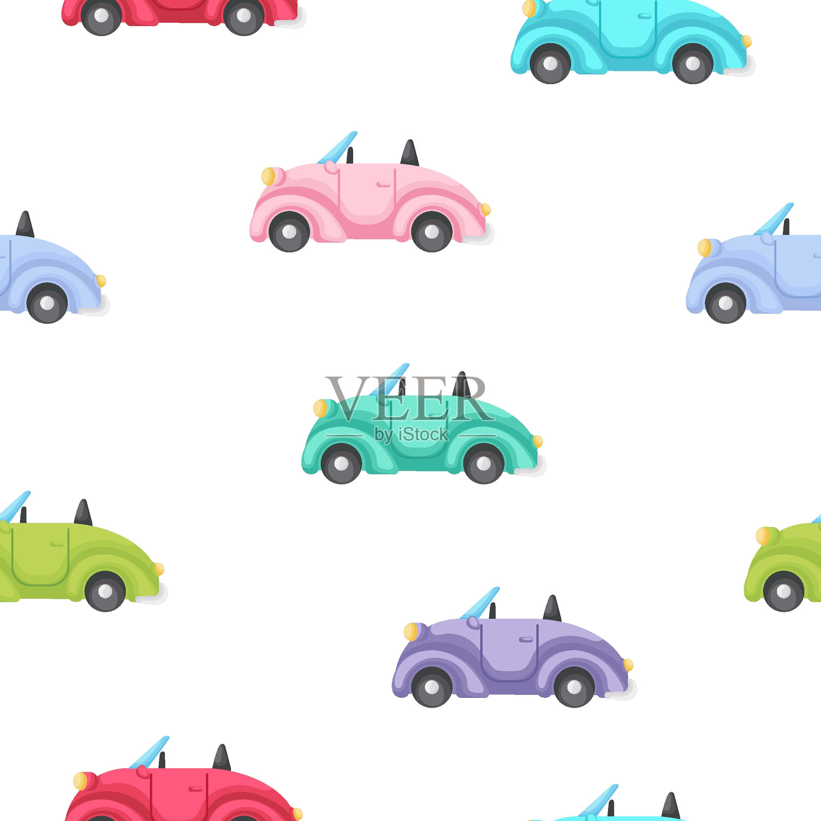 可爱的儿童无缝图案与汽车。创意儿童纹理织物，包装，纺织品，壁纸，服装。矢量图插画图片素材