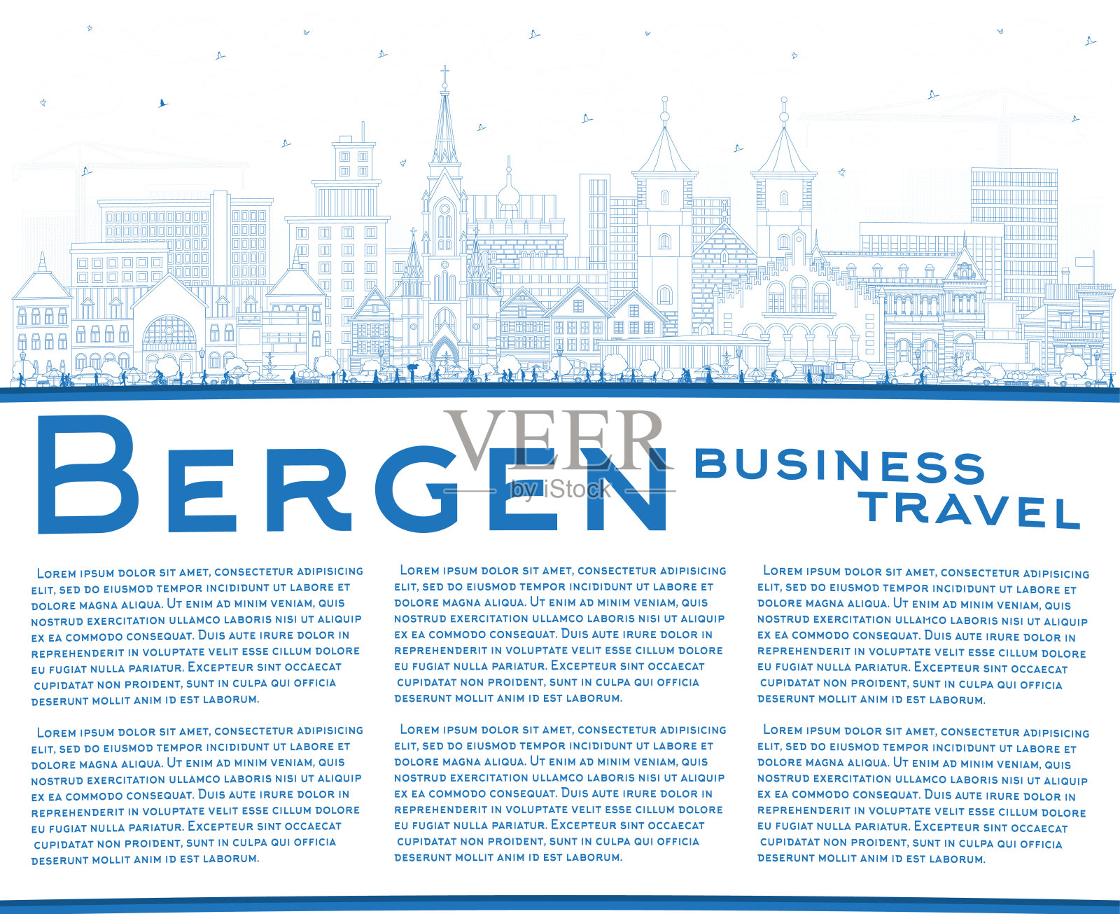勾勒卑尔根挪威城市天际线与蓝色建筑和复制空间。卑尔根城市景观与地标。商务旅行和旅游概念与历史建筑。插画图片素材