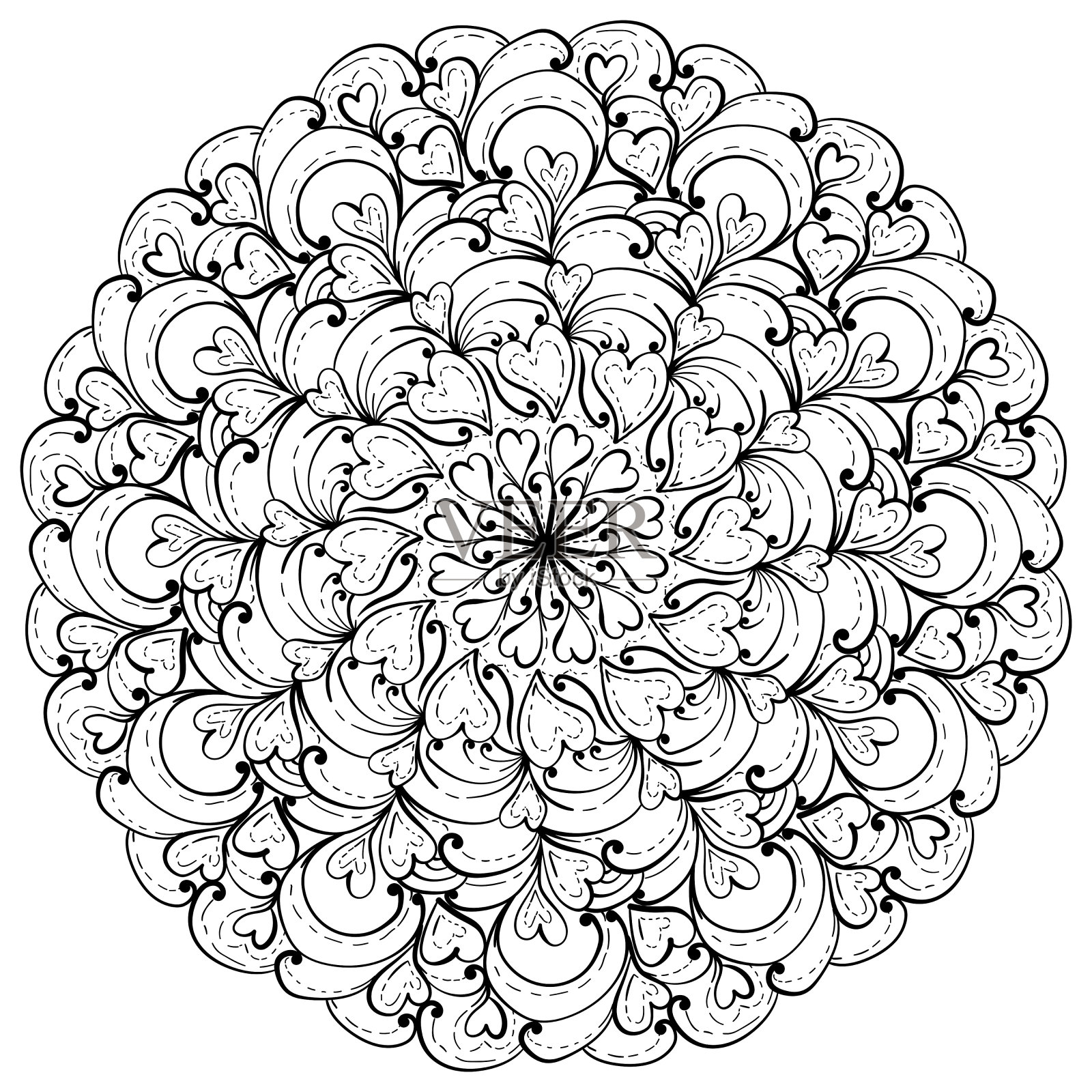 曼陀罗与线形心和阴影，创意轮廓着色页插画图片素材