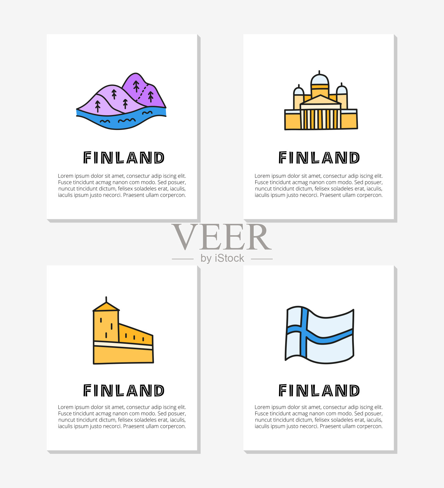 带有字母和彩色芬兰图标的卡片。插画图片素材