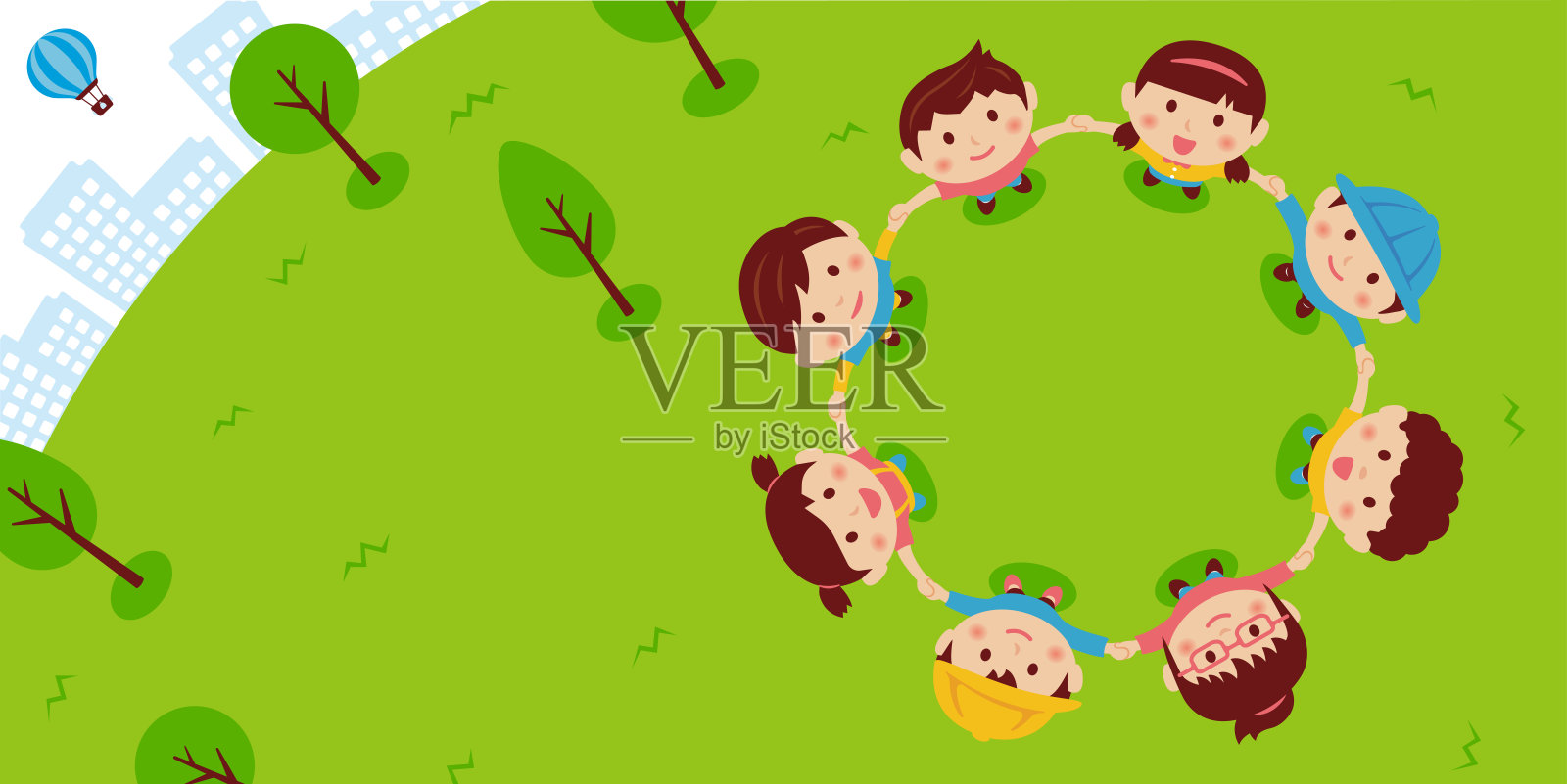 矢量横幅插图的孩子牵手，仰望天空插画图片素材
