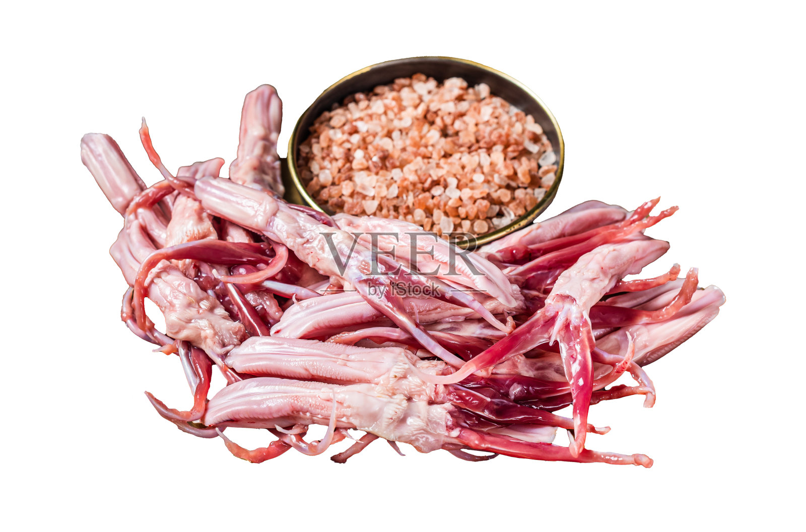 新鲜生鸭舌，待煮。孤立，白色背景。照片摄影图片