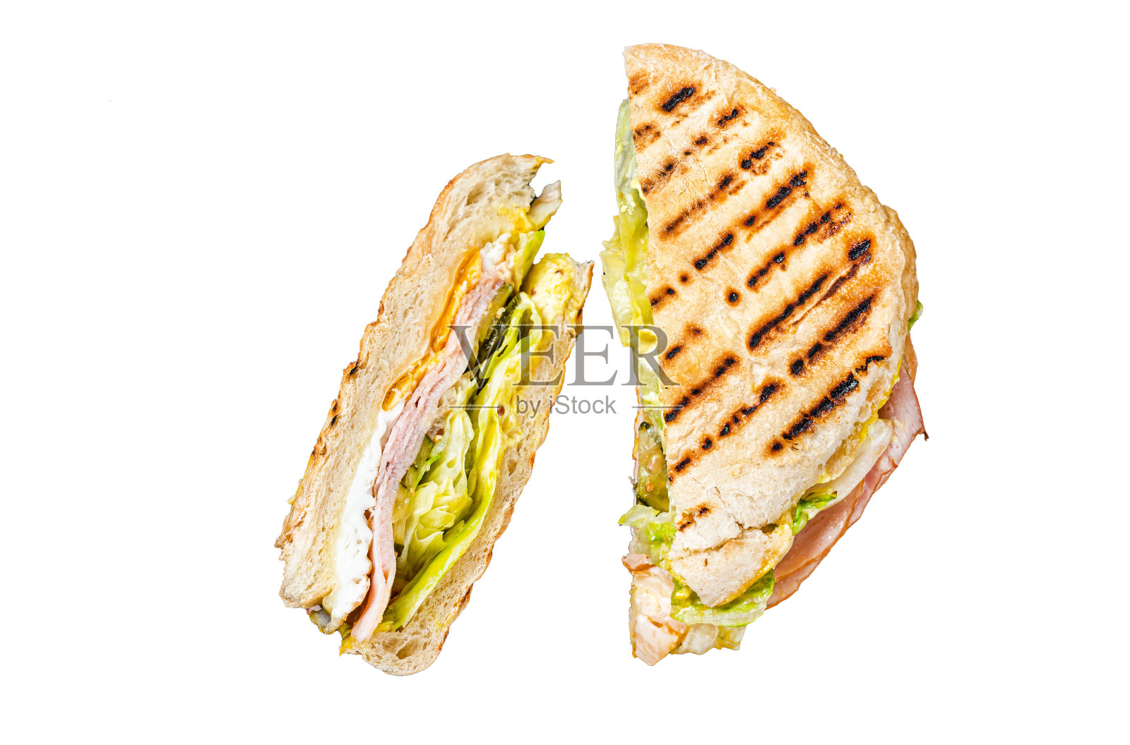 烤帕尼尼配火腿、沙拉和奶酪。孤立，白色背景。照片摄影图片