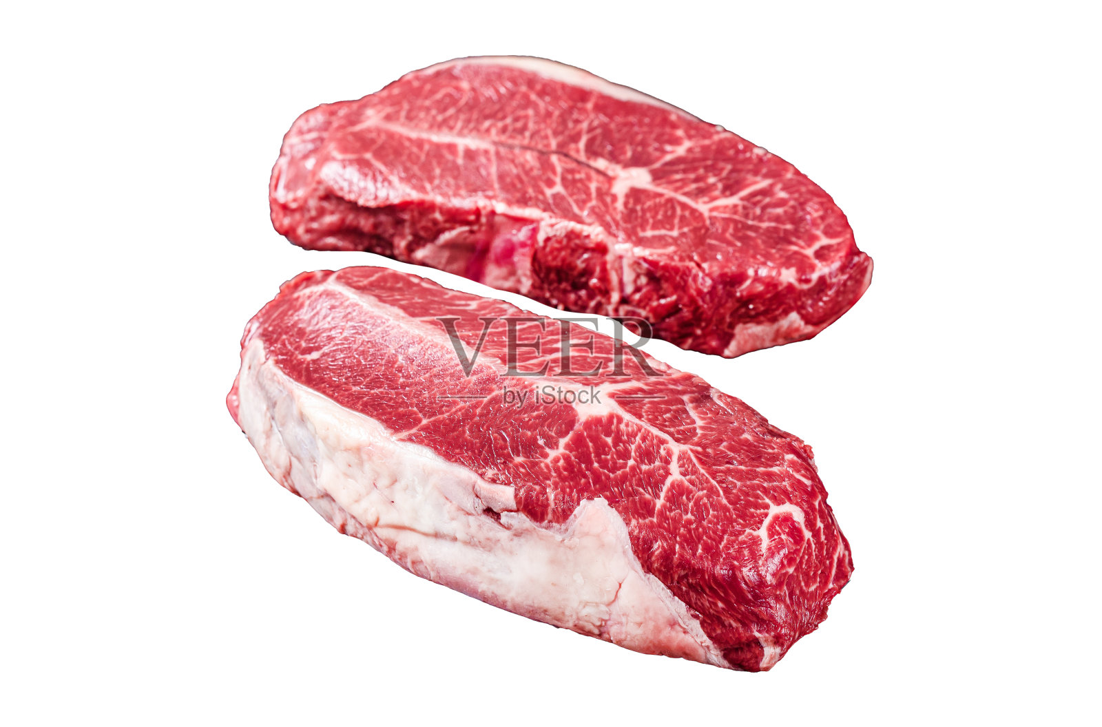 生的顶部刀片切割有机牛肉肉。孤立，白色背景。照片摄影图片